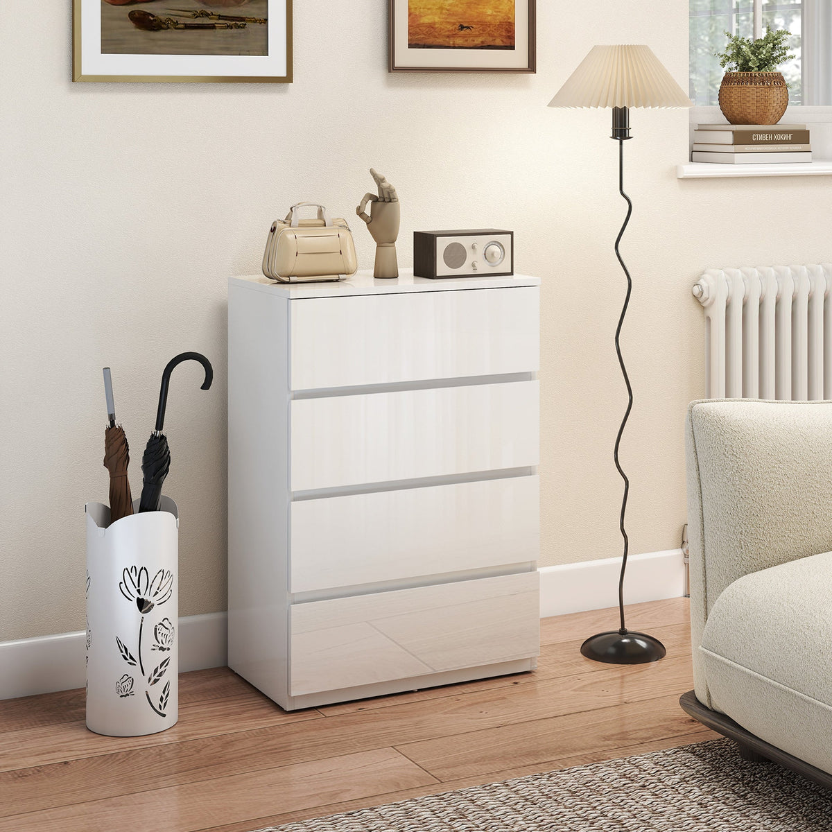 Chest of Drawers, Modern 4 Drawer Dresser with Soft Closing Mechanism for Bedroom, High Gloss White