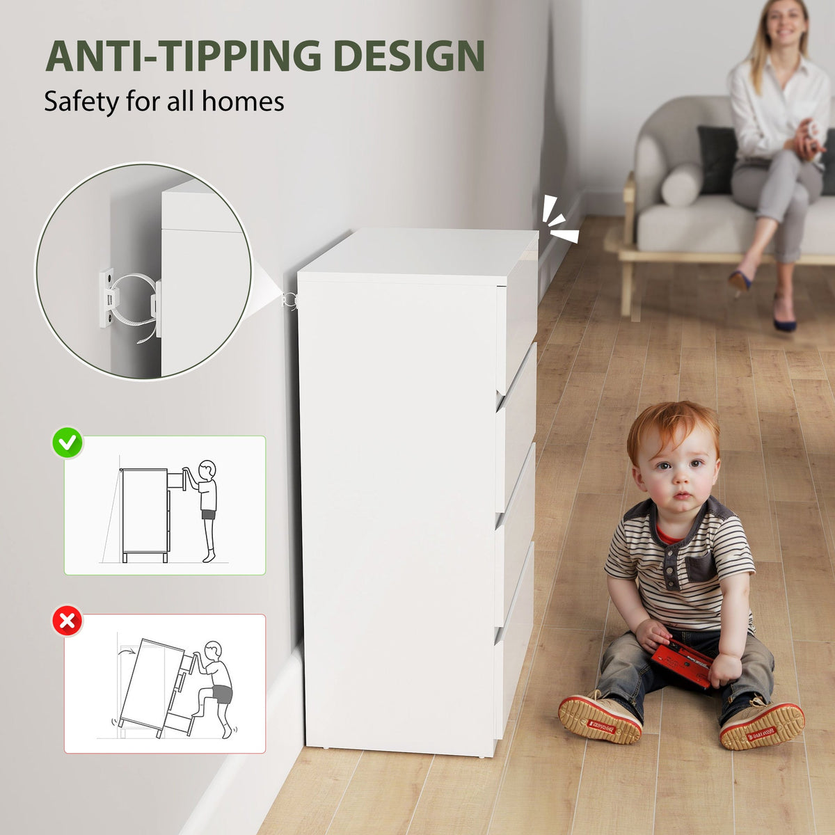 Chest of Drawers, Modern 4 Drawer Dresser with Soft Closing Mechanism for Bedroom, High Gloss White