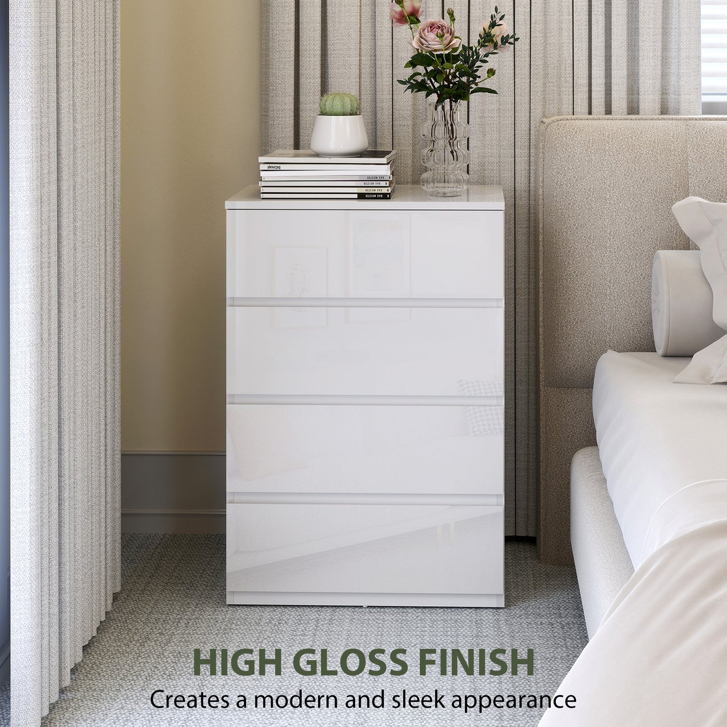 Chest of Drawers, Modern 4 Drawer Dresser with Soft Closing Mechanism for Bedroom, High Gloss White