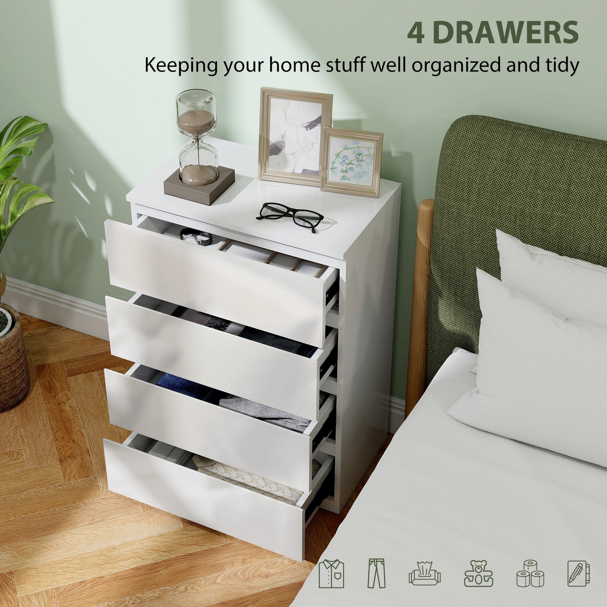 Chest of Drawers, Modern 4 Drawer Dresser with Soft Closing Mechanism for Bedroom, High Gloss White
