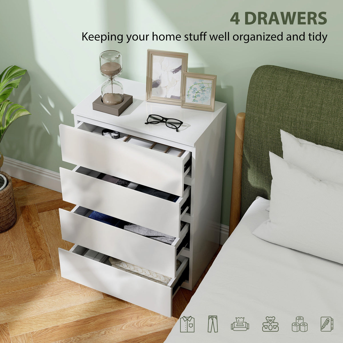 Chest of Drawers, Modern 4 Drawer Dresser with Soft Closing Mechanism for Bedroom, High Gloss White