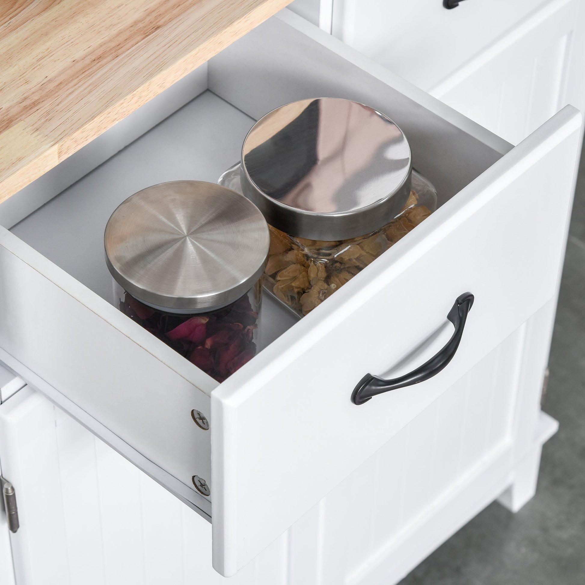 Freestanding Kitchen Cupboard, Kitchen Storage Cabinet with Framed Glass Doors, 2 Drawers, Microwave Counter, 172cm, White
