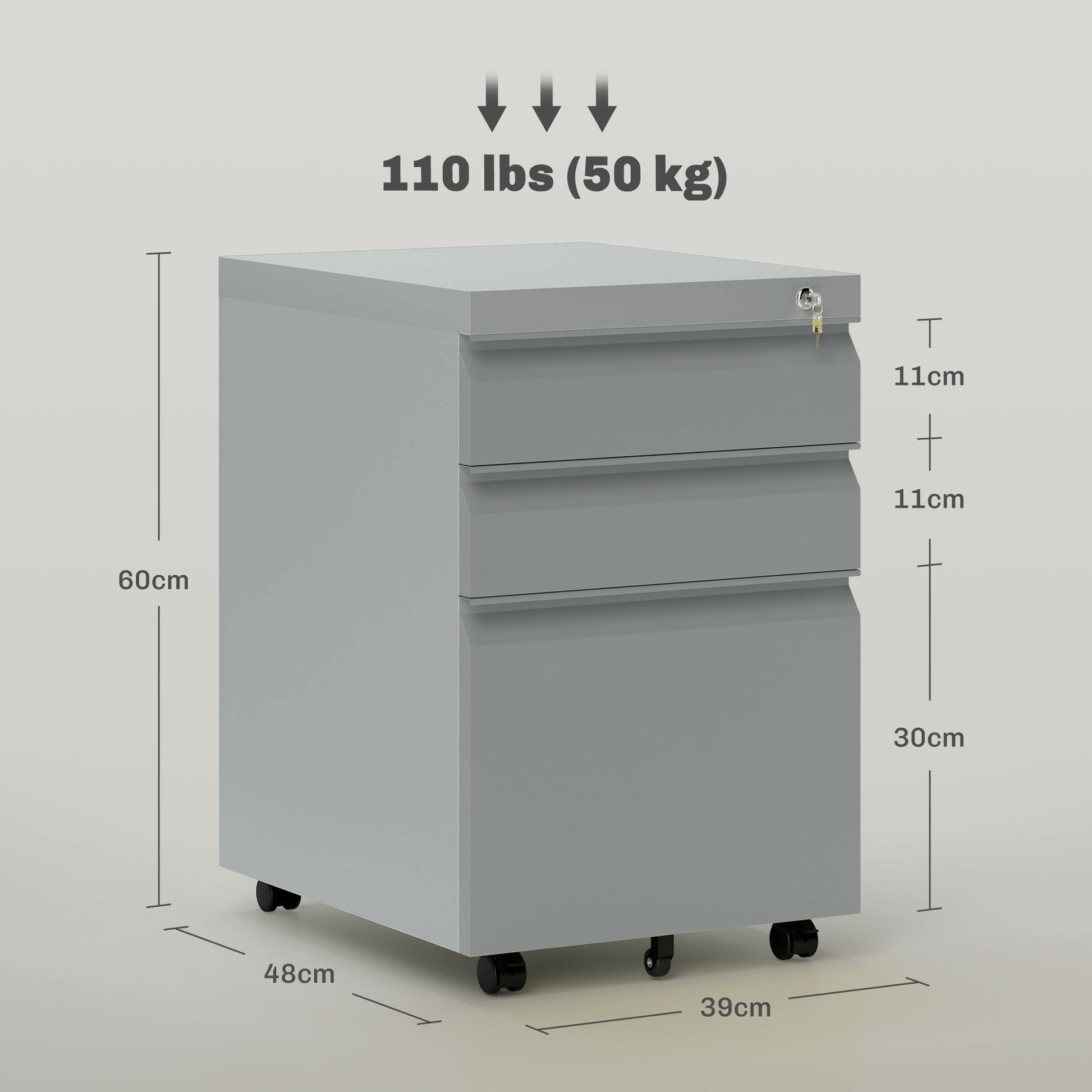 Vinsetto Mobile Vertical File Cabinet Lockable Metal Filling Cabinet with 3 Drawers Anti-tilt Design for Letter A4 Legal Size Fully Assembled Except Casters Grey