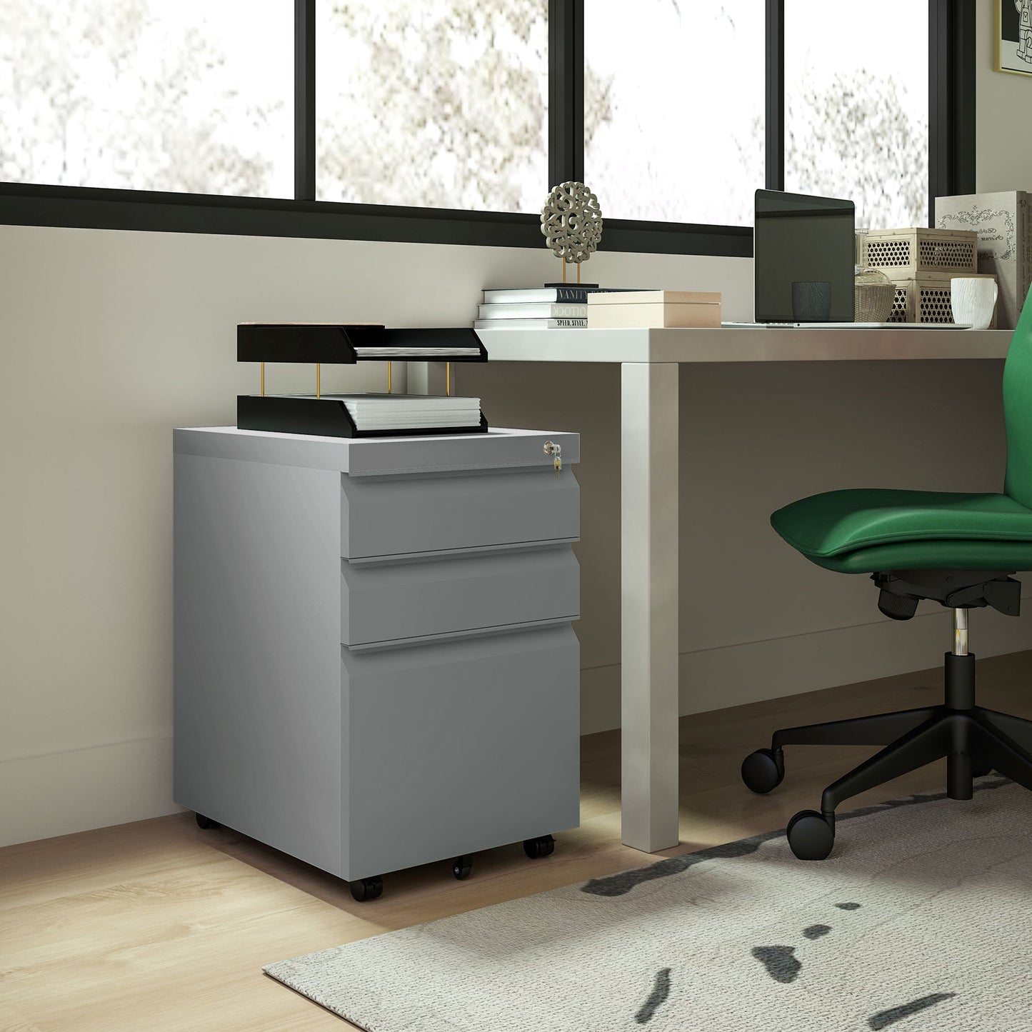 Vinsetto Mobile Vertical File Cabinet Lockable Metal Filling Cabinet with 3 Drawers Anti-tilt Design for Letter A4 Legal Size Fully Assembled Except Casters Grey