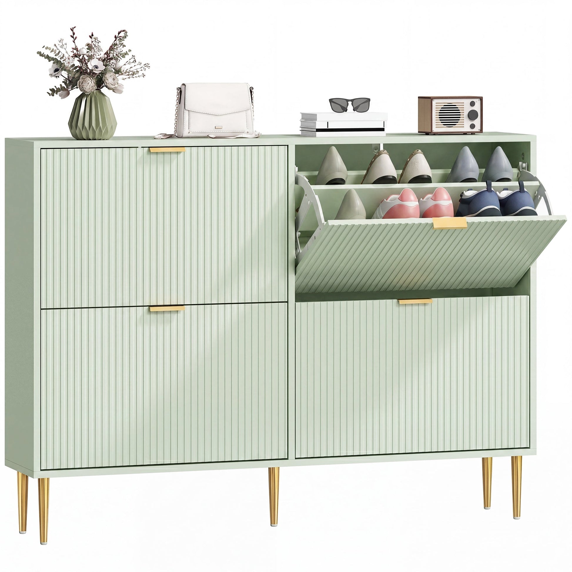 Narrow Shoe Cabinet with 4 Flip Drawers, Modern Slim Shoe Storage Cabinet with Fluted Doors and Adjustable Shelves for Hallway, Holds 10-20 Pairs, Light Green
