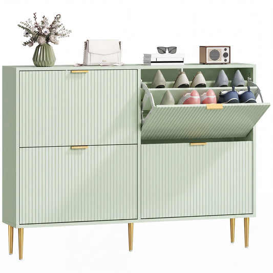 Narrow Shoe Cabinet with 4 Flip Drawers, Modern Slim Shoe Storage Cabinet with Fluted Doors and Adjustable Shelves for Hallway, Holds 10-20 Pairs, Light Green