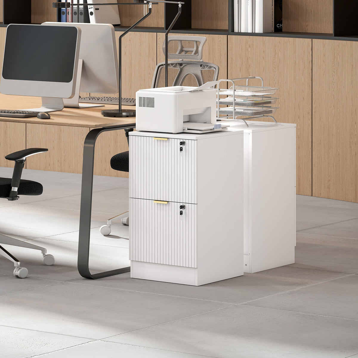 2 Drawer Filing Cabinet, Fluted Vertical File Cabinet with Lock and Adjustable Hanging Rails for A4 and Letter Size Files, Printer Stand with Storage, White