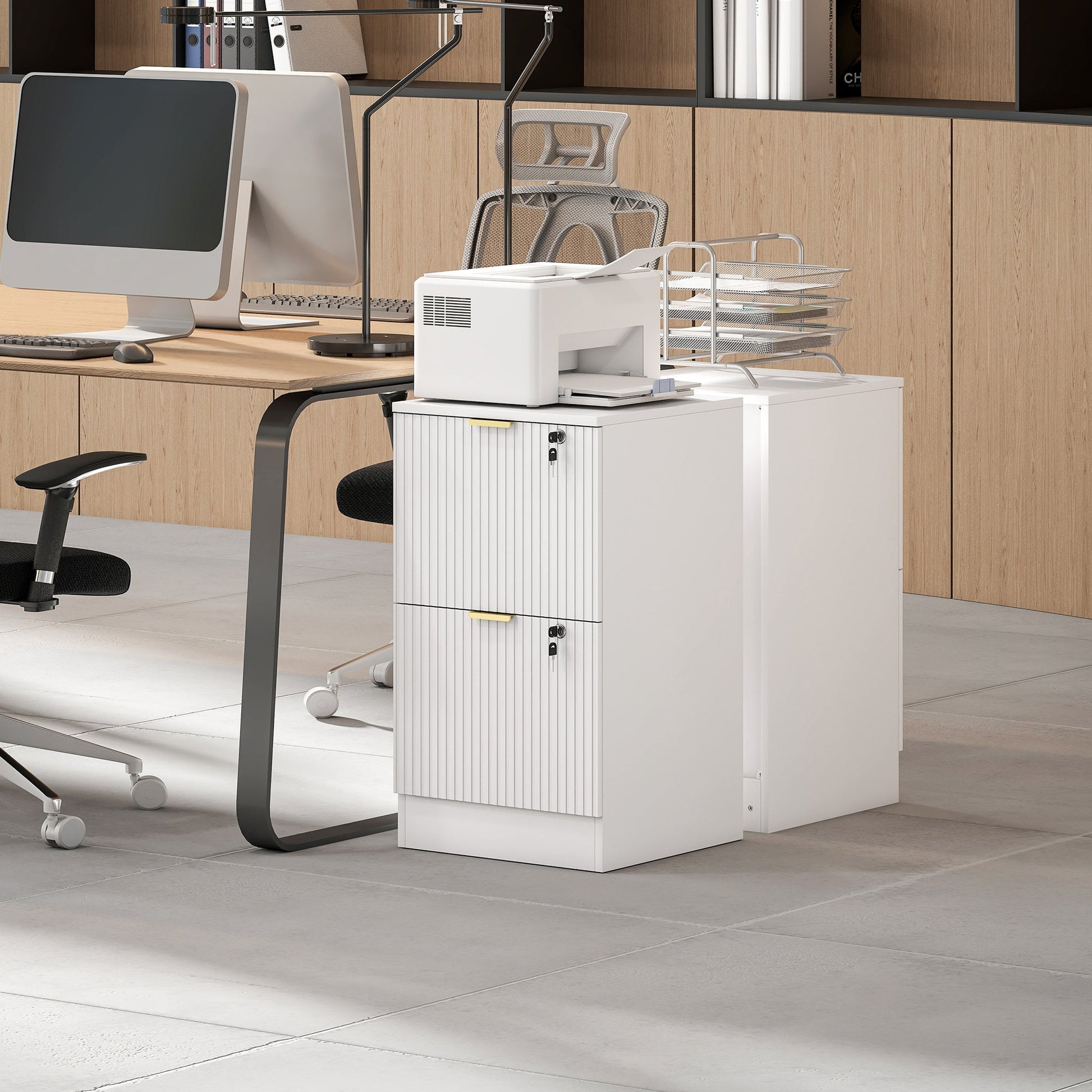 2 Drawer Filing Cabinet, Fluted Vertical File Cabinet with Lock and Adjustable Hanging Rails for A4 and Letter Size Files, Printer Stand with Storage, White
