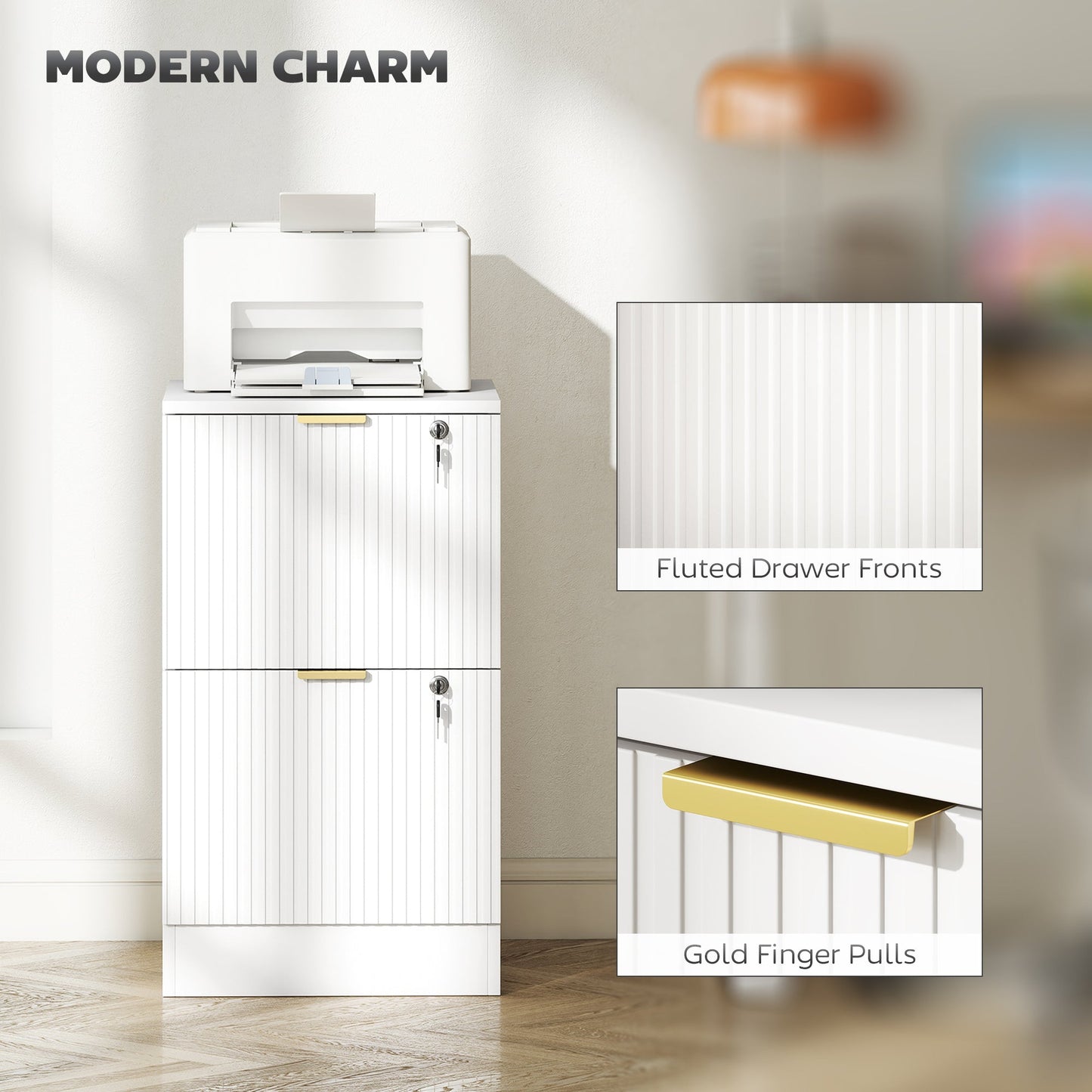 2 Drawer Filing Cabinet, Fluted Vertical File Cabinet with Lock and Adjustable Hanging Rails for A4 and Letter Size Files, Printer Stand with Storage, White
