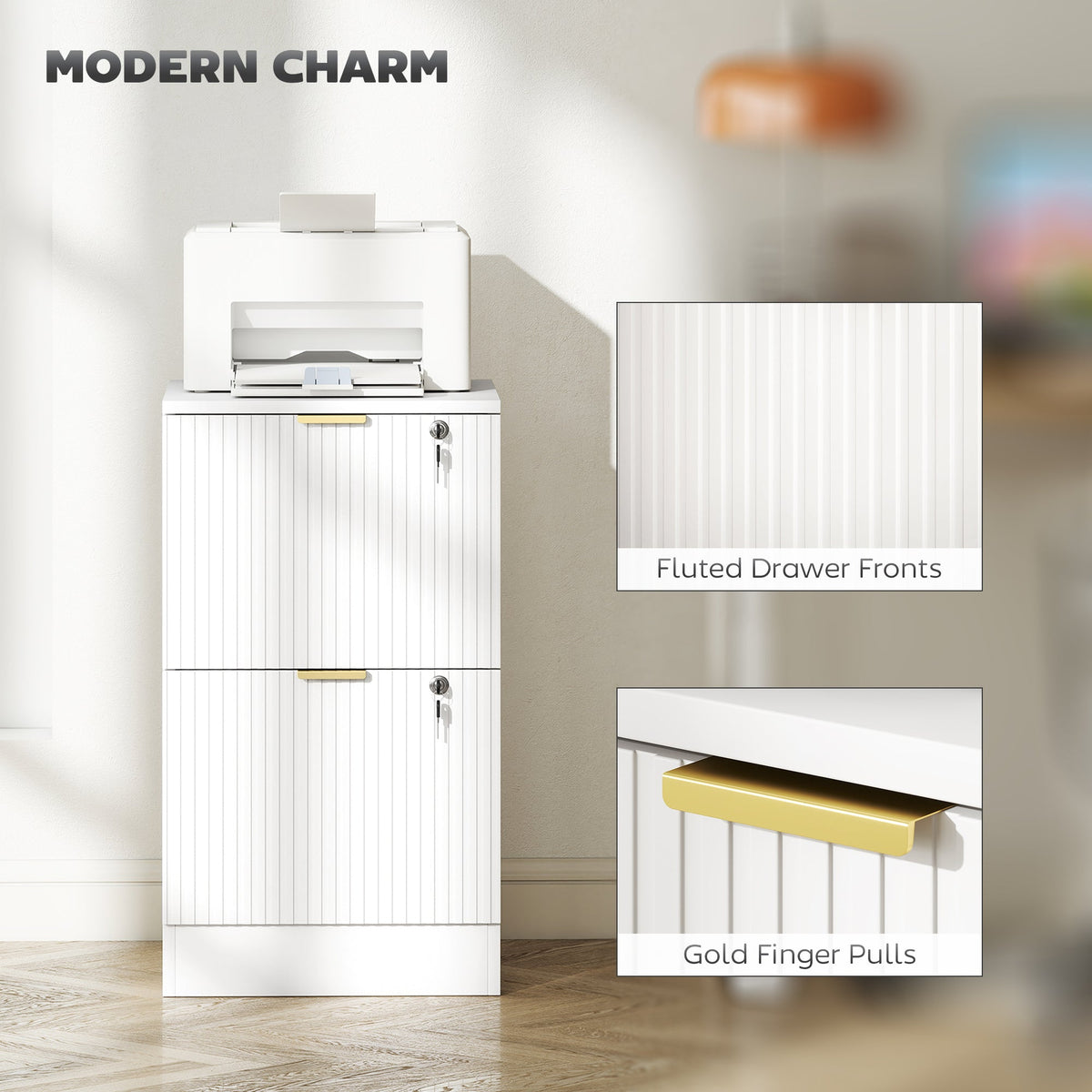 2 Drawer Filing Cabinet, Fluted Vertical File Cabinet with Lock and Adjustable Hanging Rails for A4 and Letter Size Files, Printer Stand with Storage, White