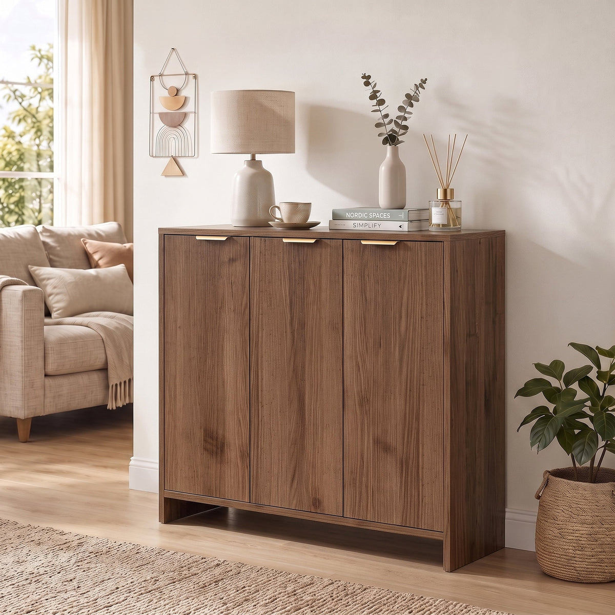 Sideboard Cabinet, Modern Storage Cabinet with 3 Doors and Adjustable Shelves, Freestanding Kitchen Cupboard for Living Room, Dining Room, 100 x 35 x 90 cm, Brown