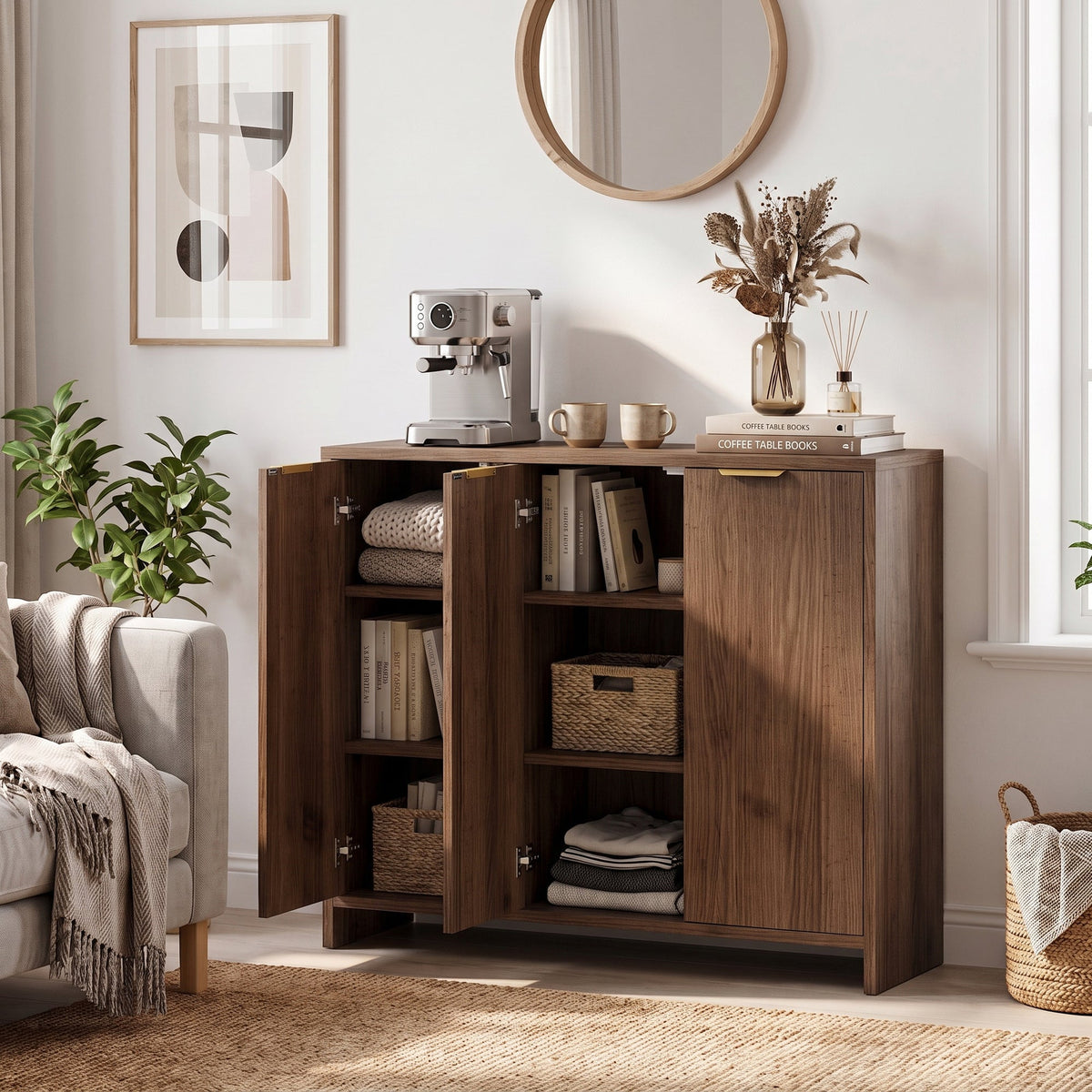 Sideboard Cabinet, Modern Storage Cabinet with 3 Doors and Adjustable Shelves, Freestanding Kitchen Cupboard for Living Room, Dining Room, 100 x 35 x 90 cm, Brown