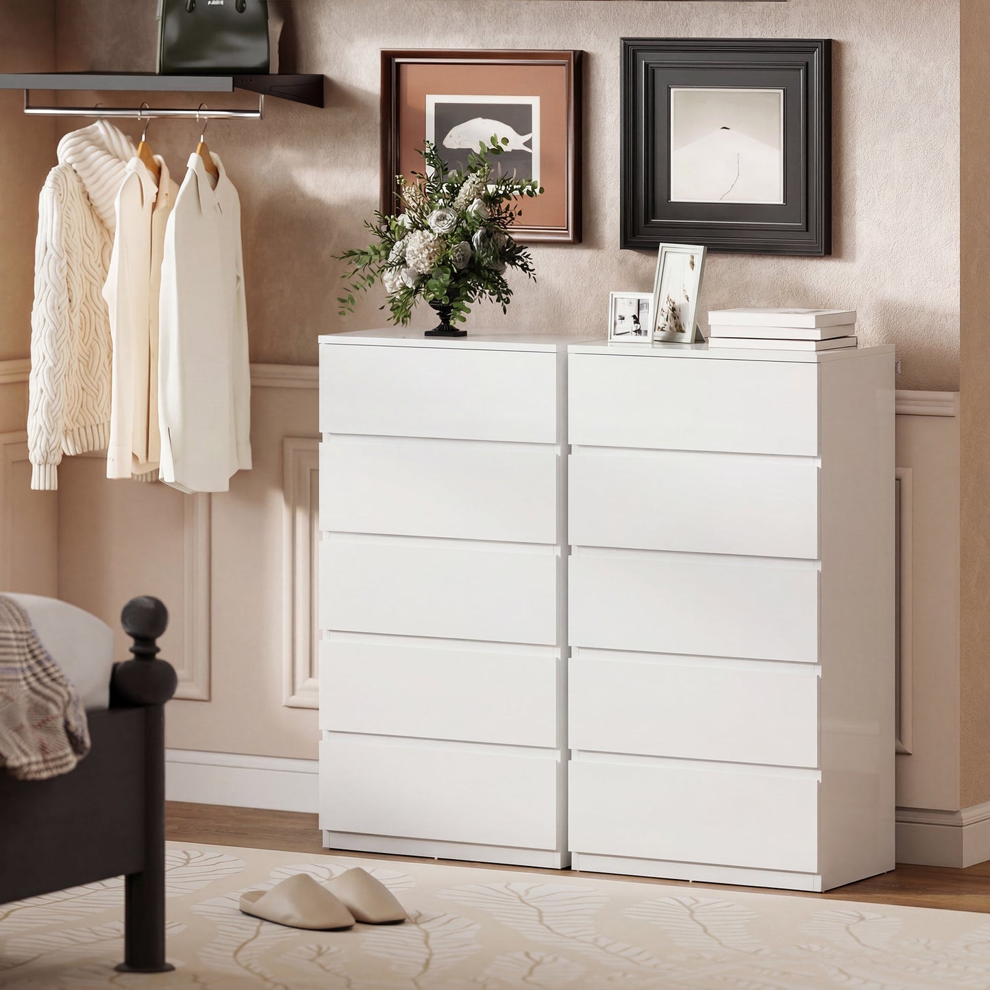 Chest of Drawers, 5 Drawers Storage Cabinet Floor Tower Cupboard for Bedroom Living Room, High Gloss White