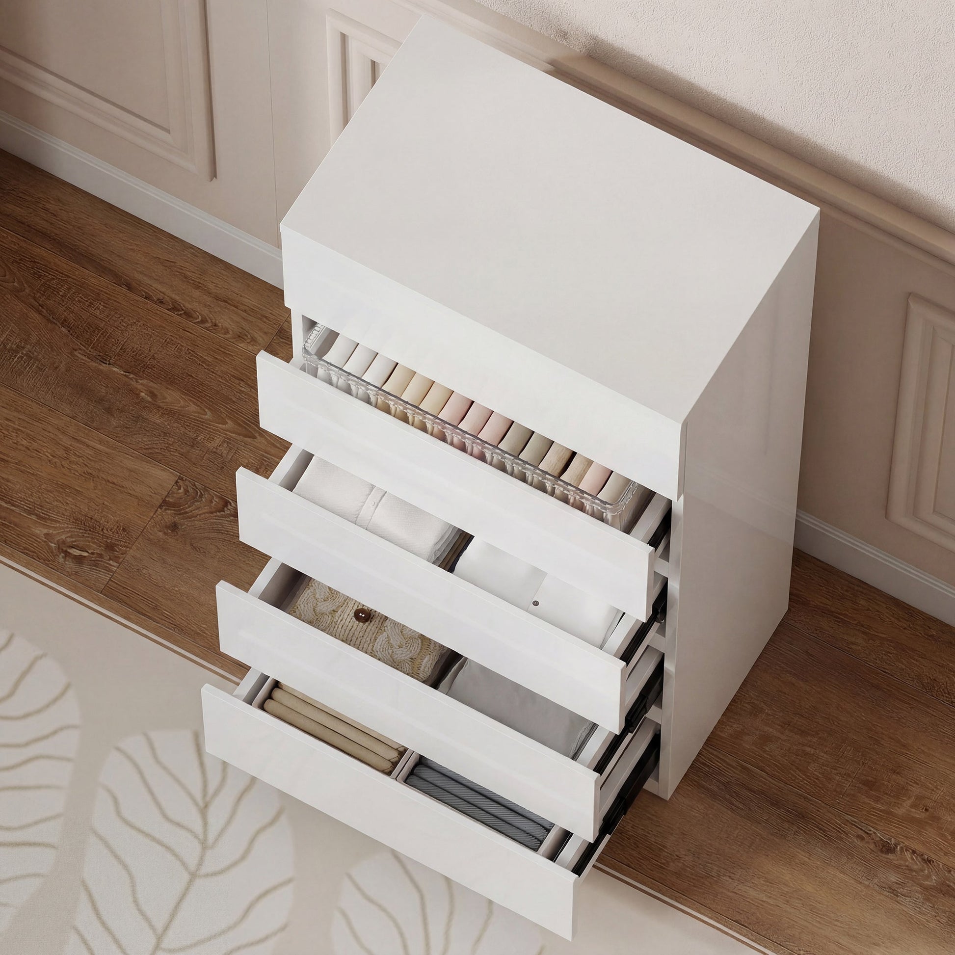 Chest of Drawers, 5 Drawers Storage Cabinet Floor Tower Cupboard for Bedroom Living Room, High Gloss White