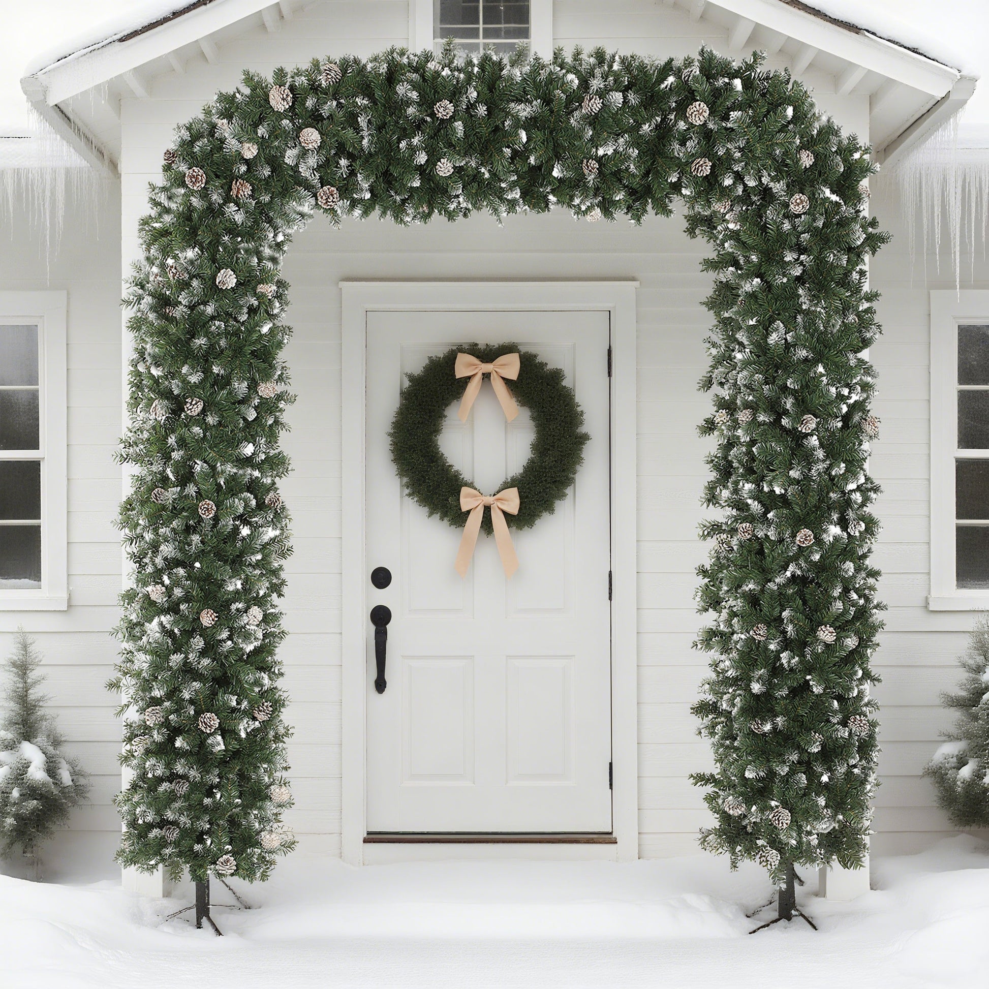 8.2 ft Snow Frosted Christmas Tree Arch, Christmas Arch Doorway Decor with 2100 Tips and 96 Pinecones, Artificial Xmas Tree with Metal Stand for Indoor, Green