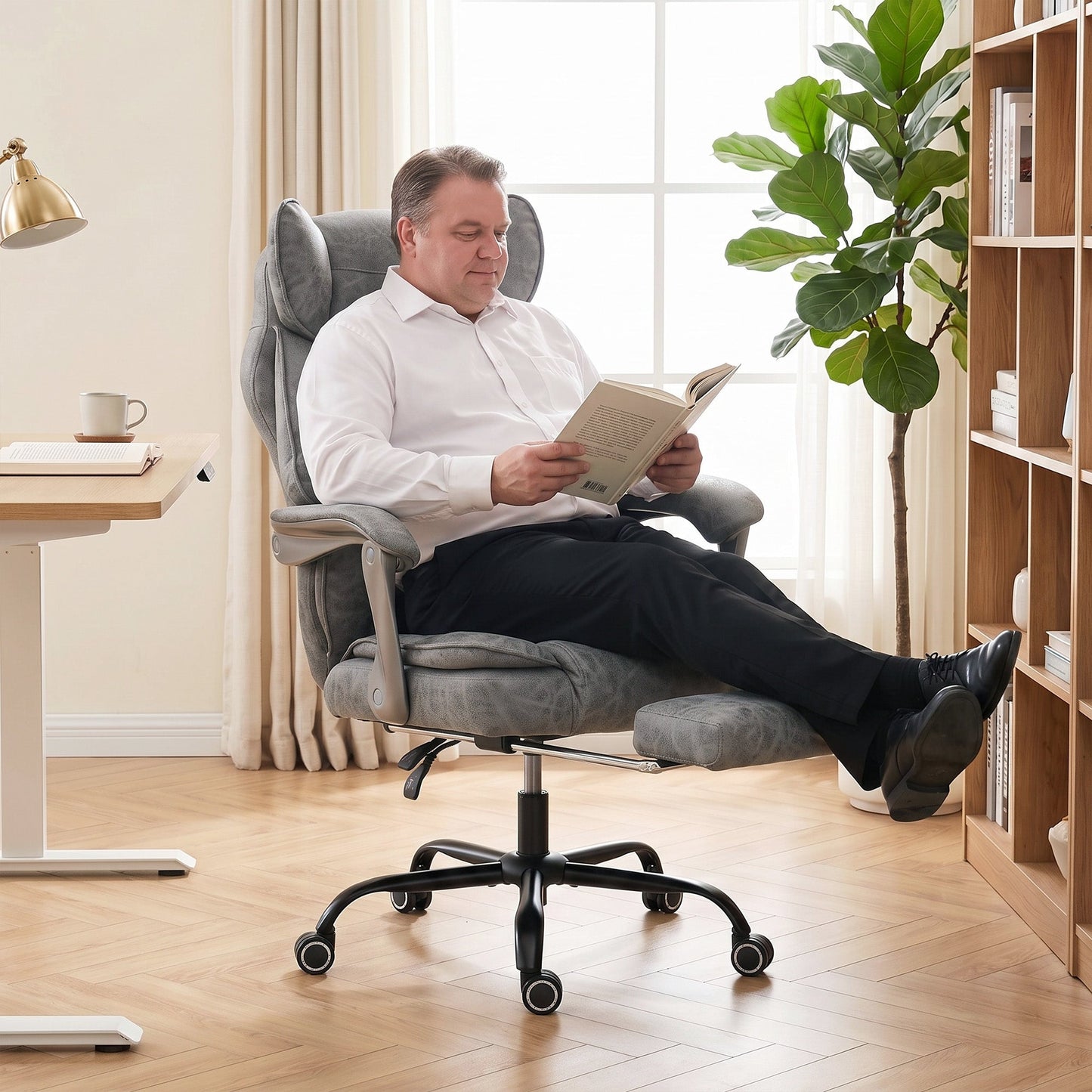 Executive Office Chair with Footrest, 180kg 400lb Big and Tall Leathaire Desk Chair with Wide Seat, Reclining Back, Lumbar Support, Built-in Headrest, Class 4 Gas Lift, Swivel Wheel, Grey