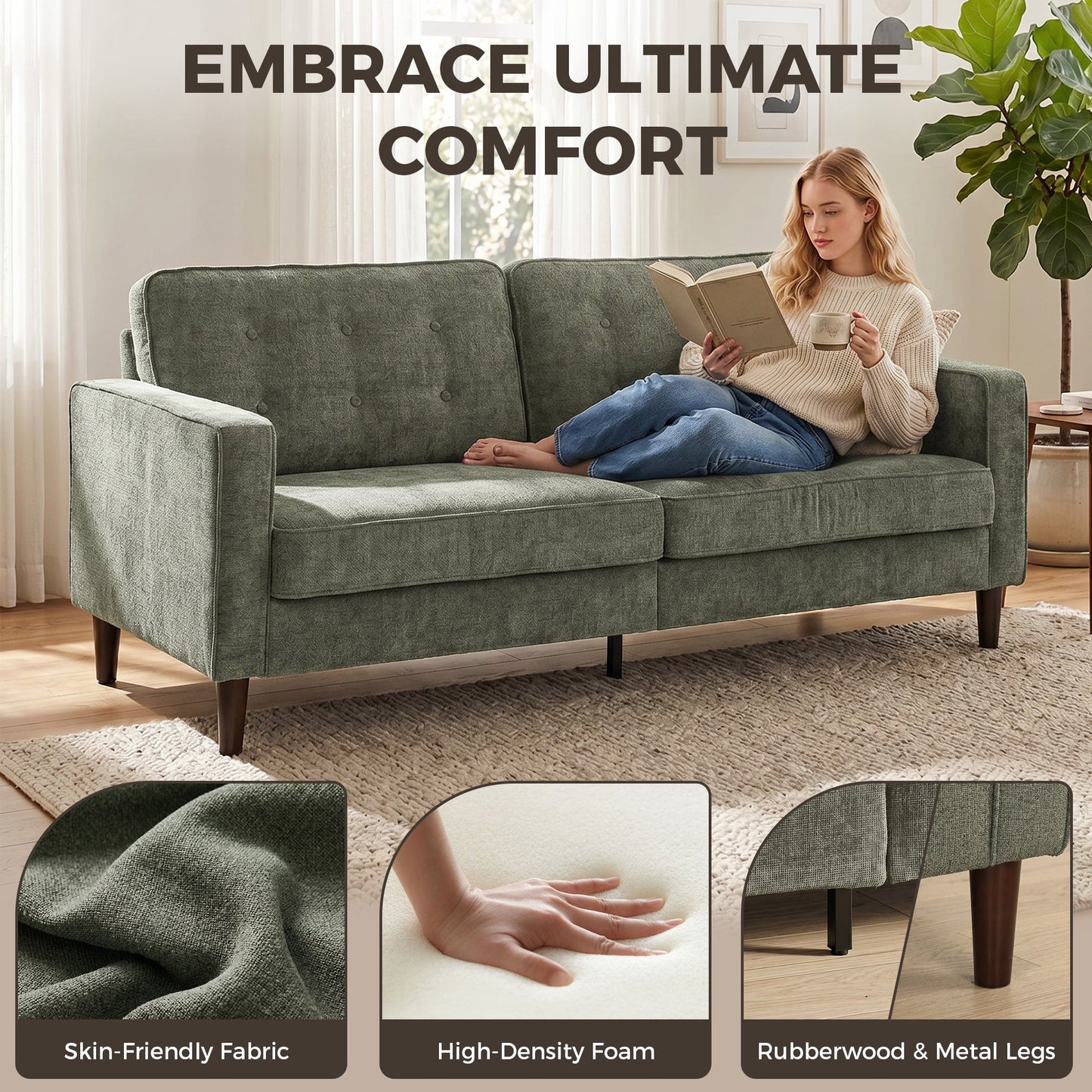 3 Seater Sofa, Upholstered Small Couch for Bedroom, Modern Futon Sofa Settee with Padded Cushion, Button Tufting and Wood Legs for Living Room, Green