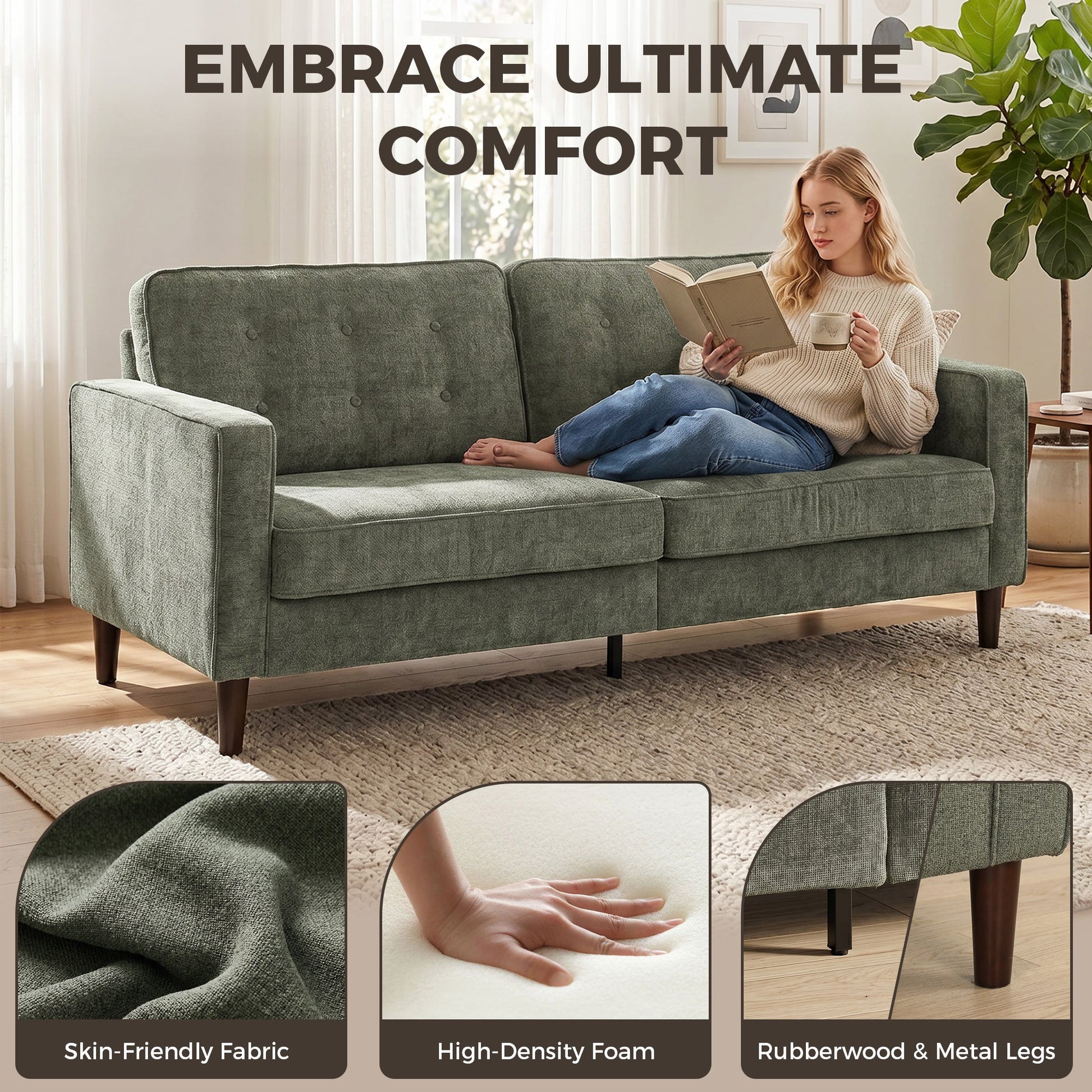 3 Seater Sofa, Upholstered Small Couch for Bedroom, Modern Futon Sofa Settee with Padded Cushion, Button Tufting and Wood Legs for Living Room, Green