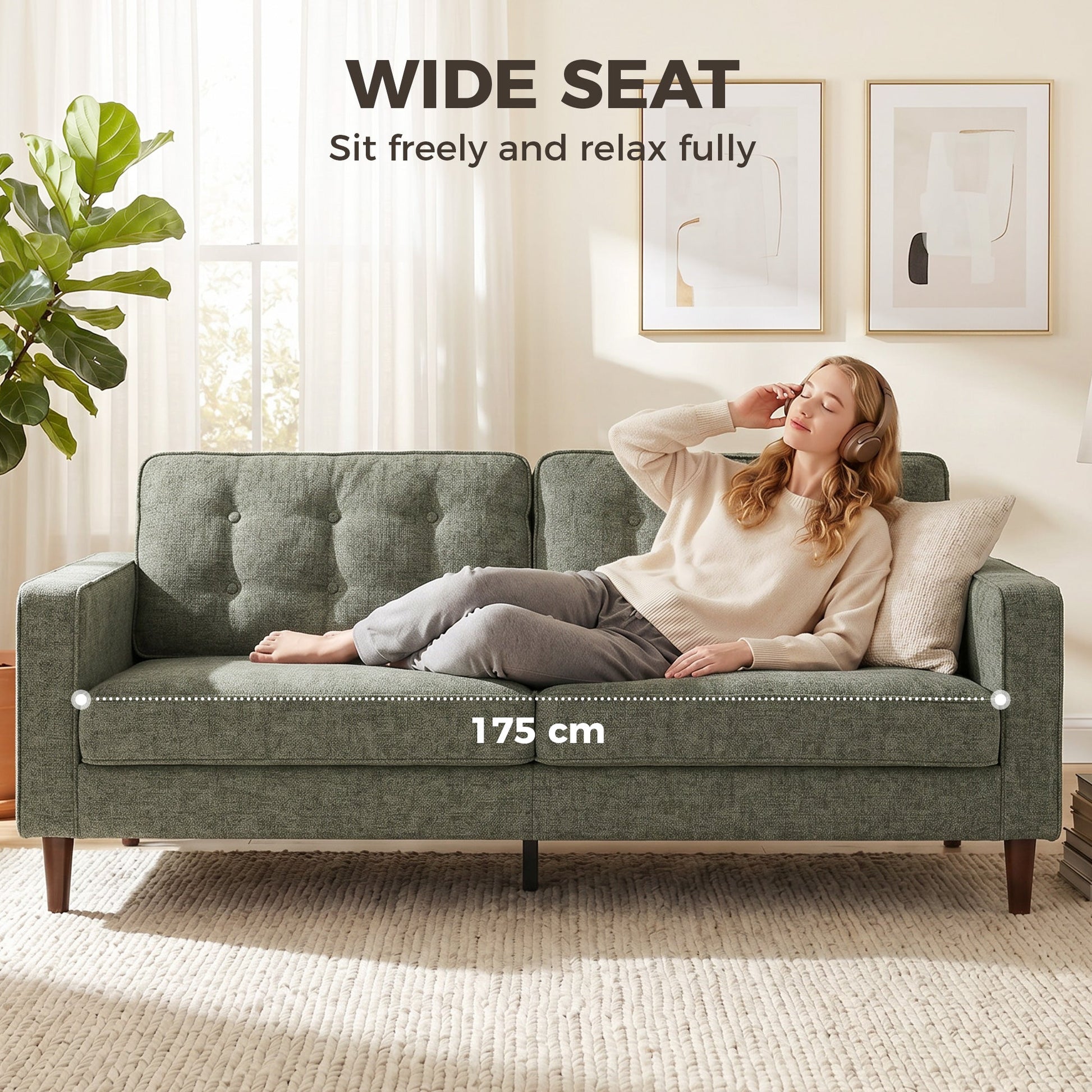 3 Seater Sofa, Upholstered Small Couch for Bedroom, Modern Futon Sofa Settee with Padded Cushion, Button Tufting and Wood Legs for Living Room, Green