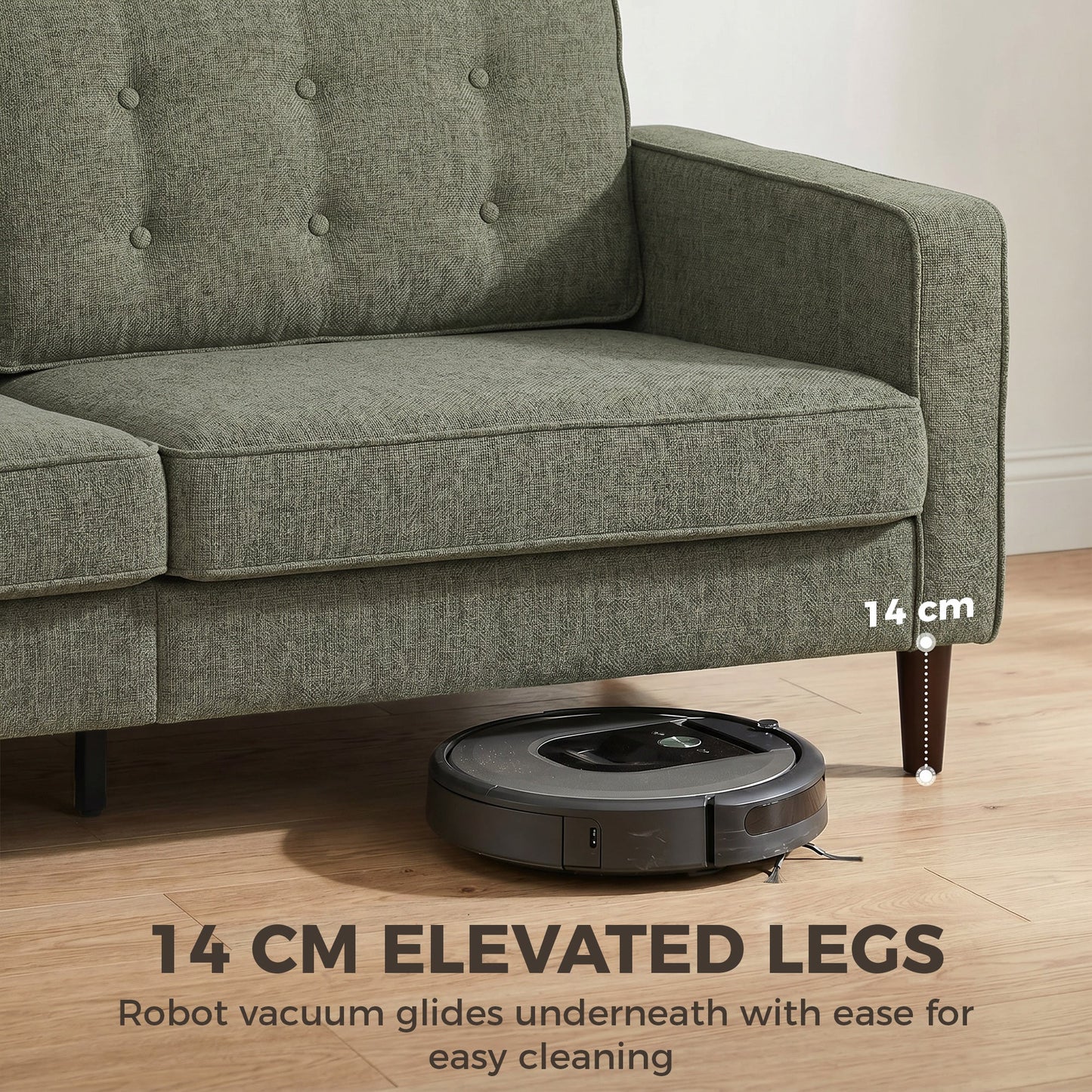 3 Seater Sofa, Upholstered Small Couch for Bedroom, Modern Futon Sofa Settee with Padded Cushion, Button Tufting and Wood Legs for Living Room, Green