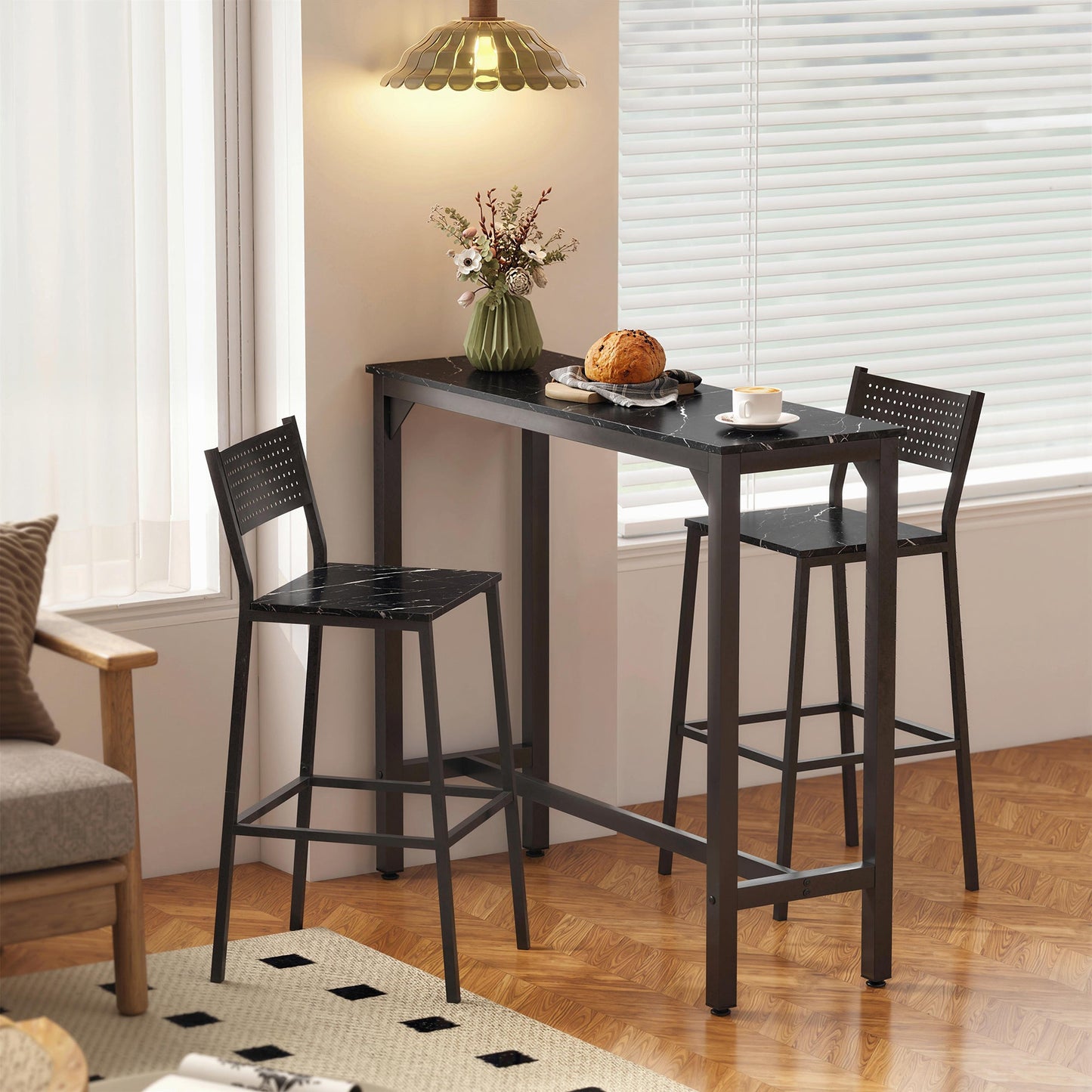 Rectangular Bar Table, Marble Effect Pub Coffee Table with Adjustable Footpads, Metal Frame, for Small Space, Breakfast Dining, Kitchen, Living Room, Industrial, Black Marble Effect