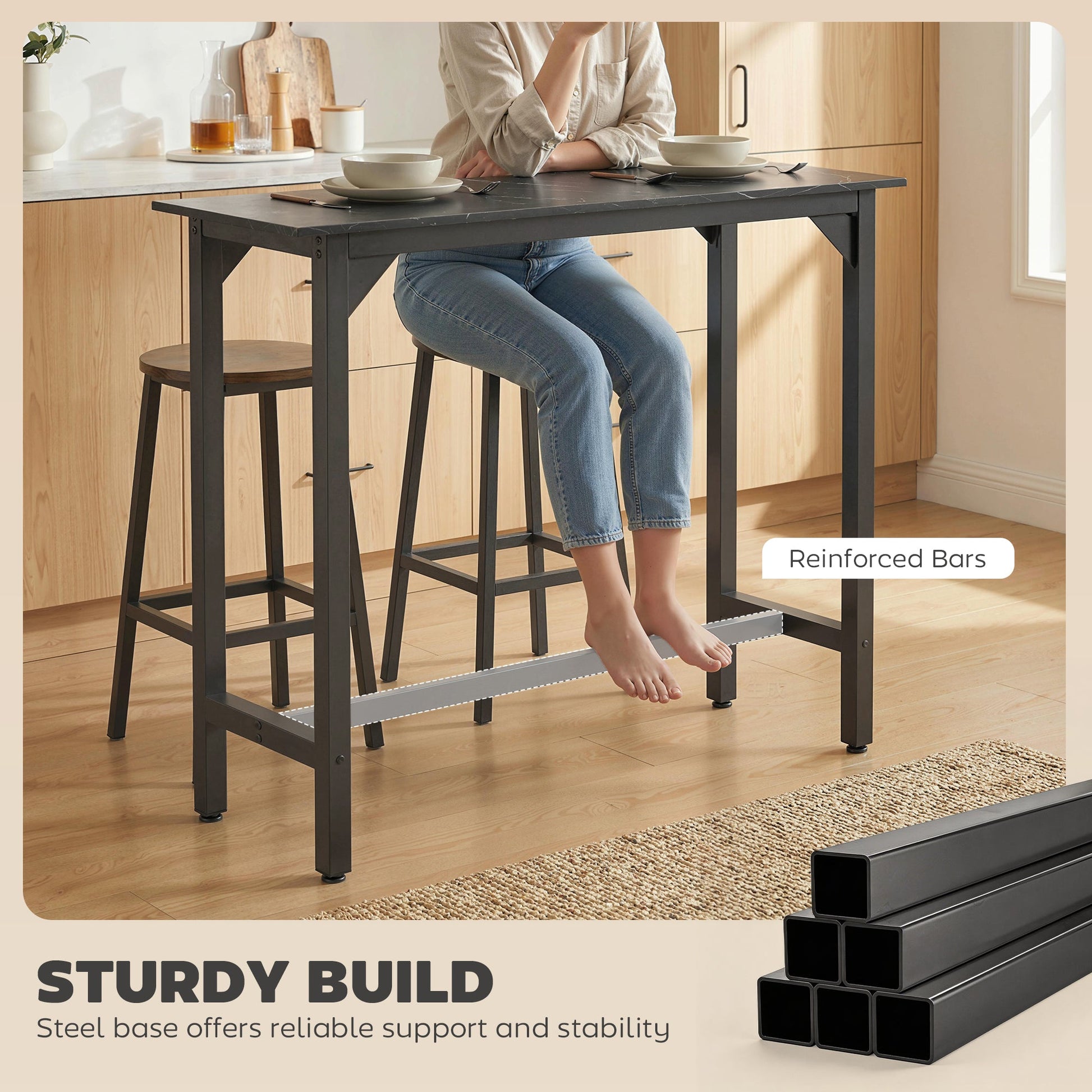 Rectangular Bar Table, Marble Effect Pub Coffee Table with Adjustable Footpads, Metal Frame, for Small Space, Breakfast Dining, Kitchen, Living Room, Industrial, Black Marble Effect