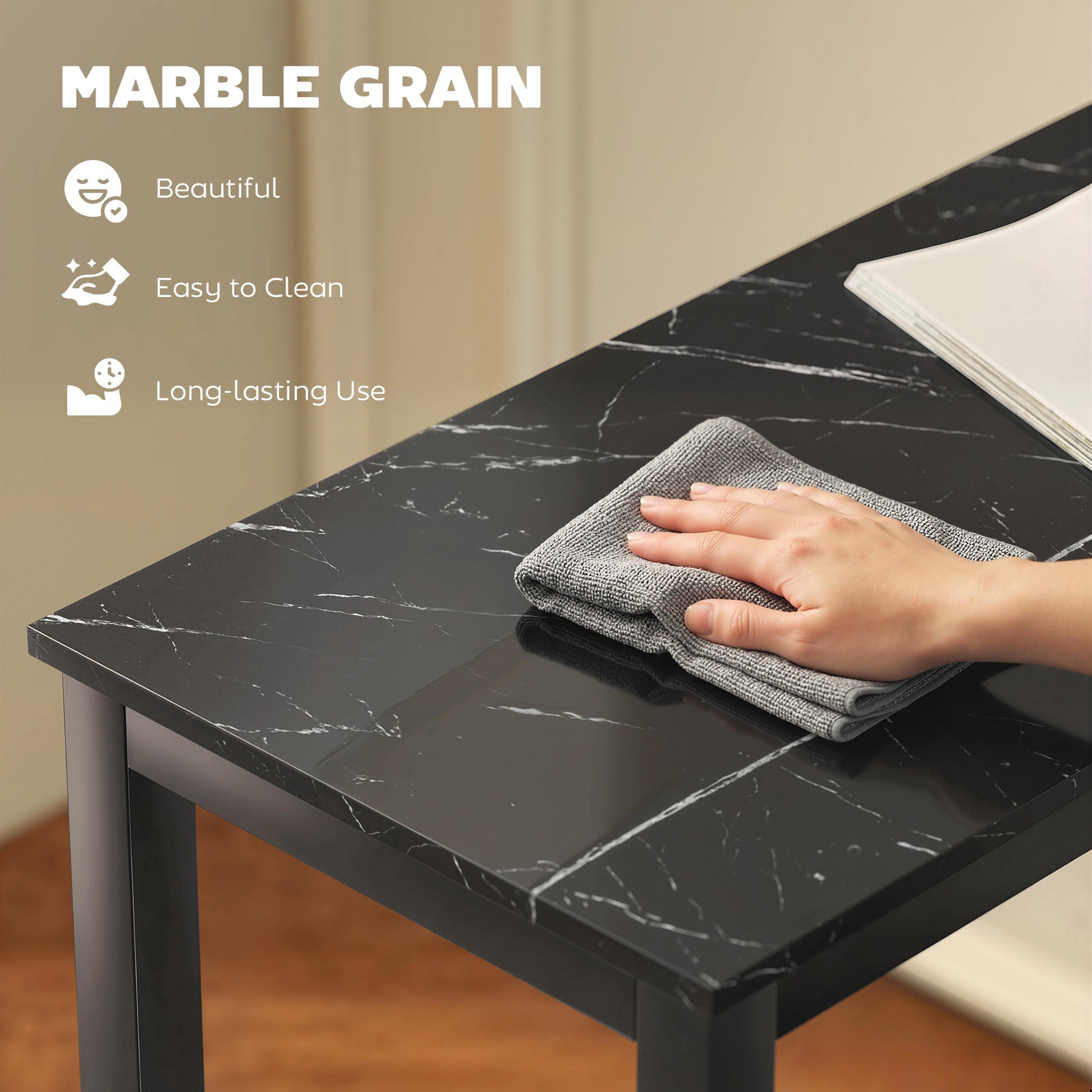 Rectangular Bar Table, Marble Effect Pub Coffee Table with Adjustable Footpads, Metal Frame, for Small Space, Breakfast Dining, Kitchen, Living Room, Industrial, Black Marble Effect