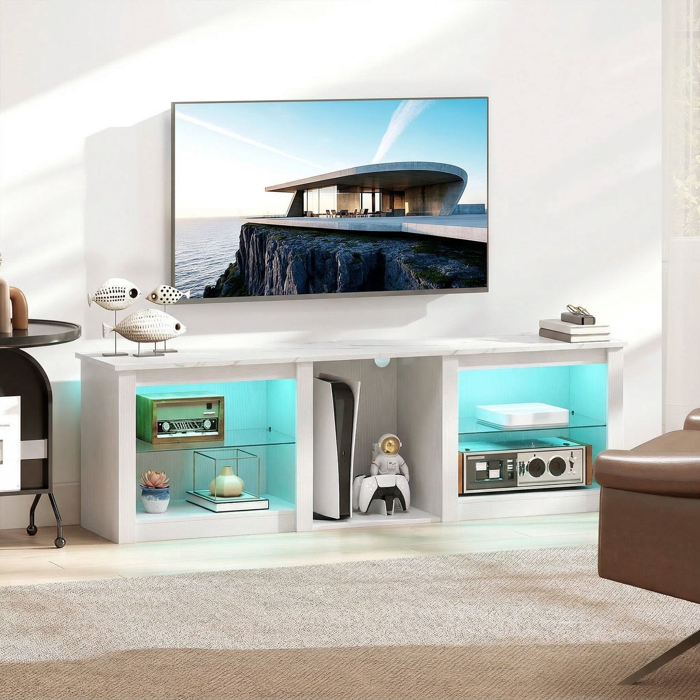 TV Unit with LED Lights for TV up to 70 Inch, 160cm TV Stand Cabinet with Adjustable Glass Shelves, Open Compartments for Gaming Consoles, TV Cabinet for Living Room, Bedroom, White