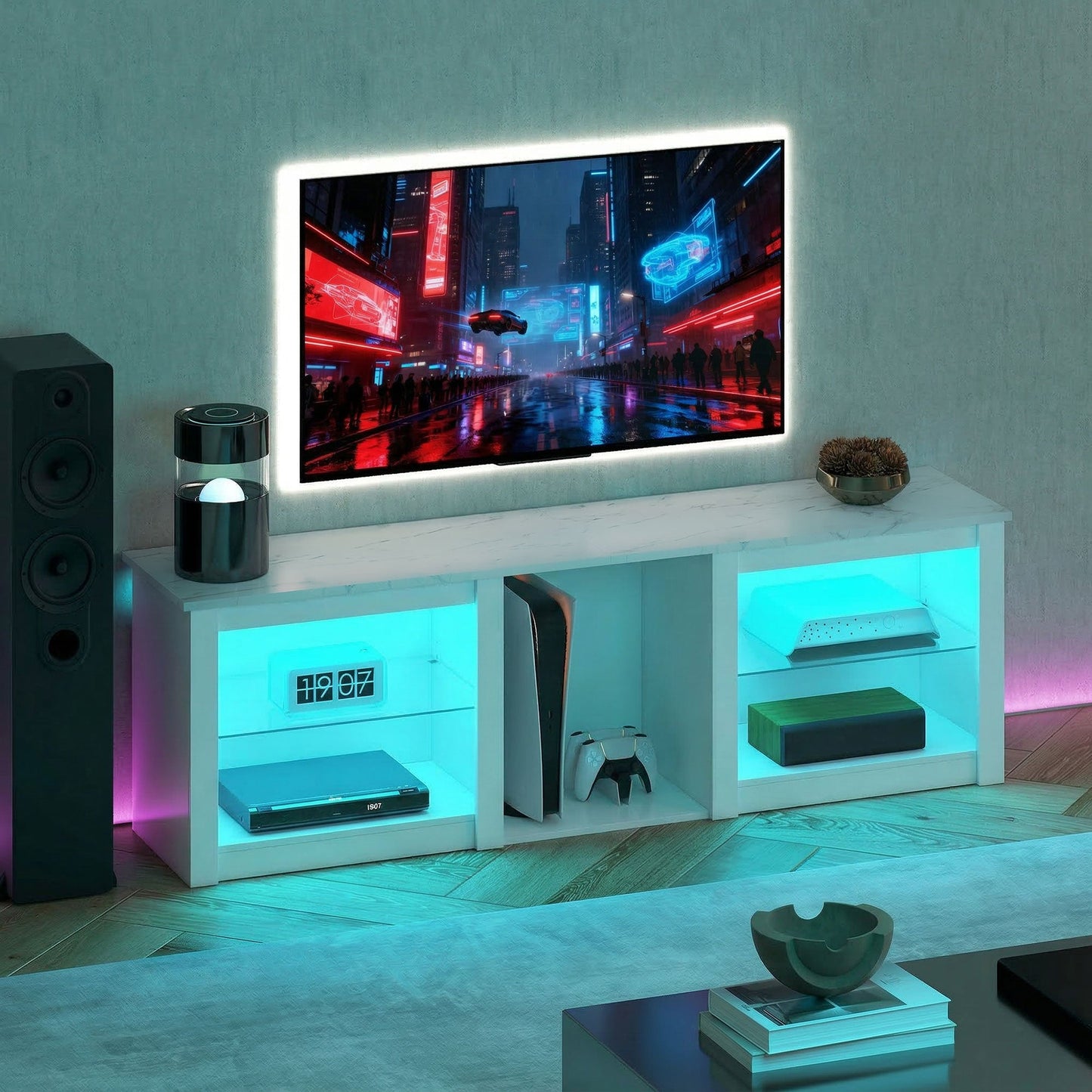 TV Unit with LED Lights for TV up to 70 Inch, 160cm TV Stand Cabinet with Adjustable Glass Shelves, Open Compartments for Gaming Consoles, TV Cabinet for Living Room, Bedroom, White
