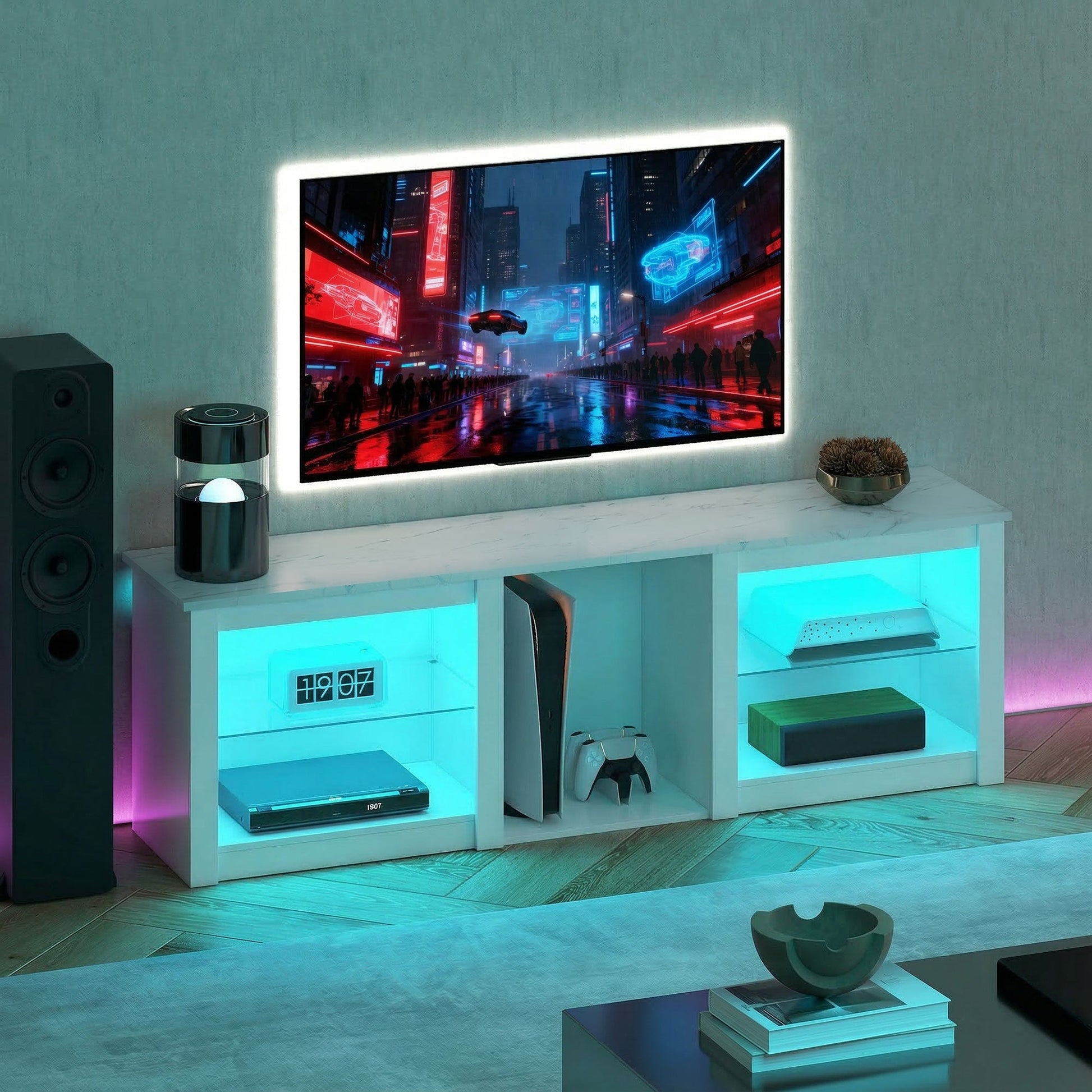 TV Unit with LED Lights for TV up to 70 Inch, 160cm TV Stand Cabinet with Adjustable Glass Shelves, Open Compartments for Gaming Consoles, TV Cabinet for Living Room, Bedroom, White