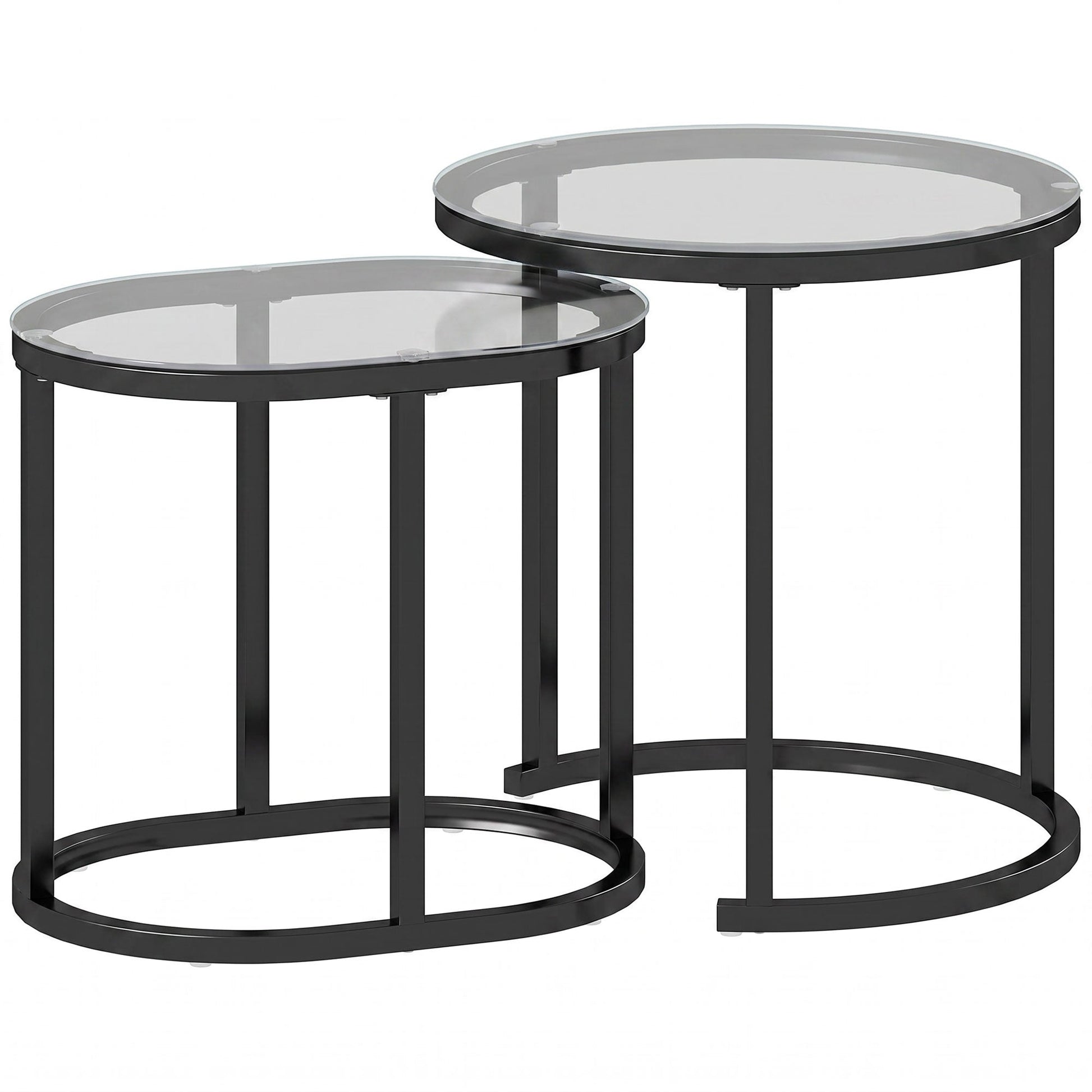 Modern Coffee Table Set of 2, Nest of Tables with Steel Frame and Tempered Glass Tabletop, Side Tables for Living Room Bedroom, Black