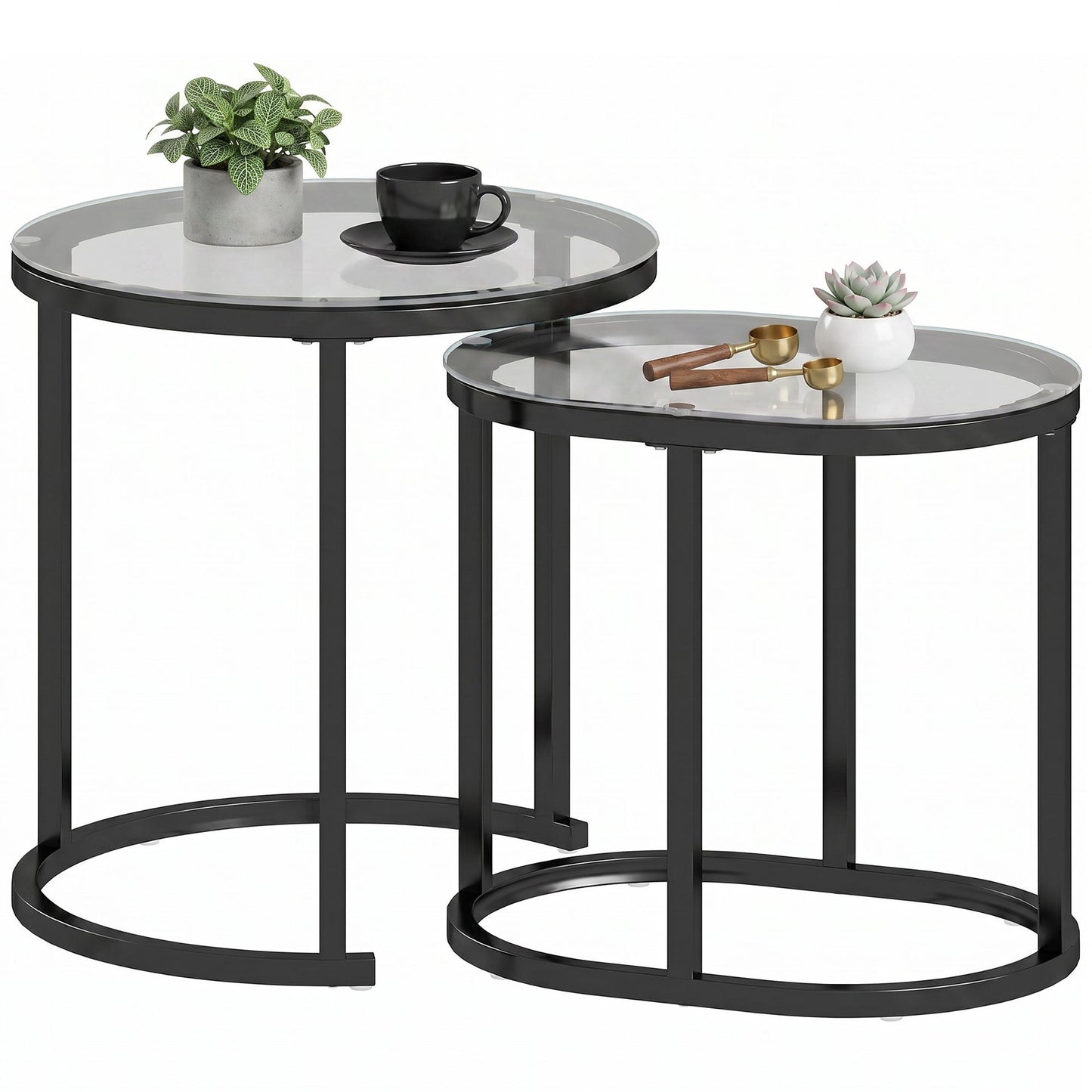 Modern Coffee Table Set of 2, Nest of Tables with Steel Frame and Tempered Glass Tabletop, Side Tables for Living Room Bedroom, Black