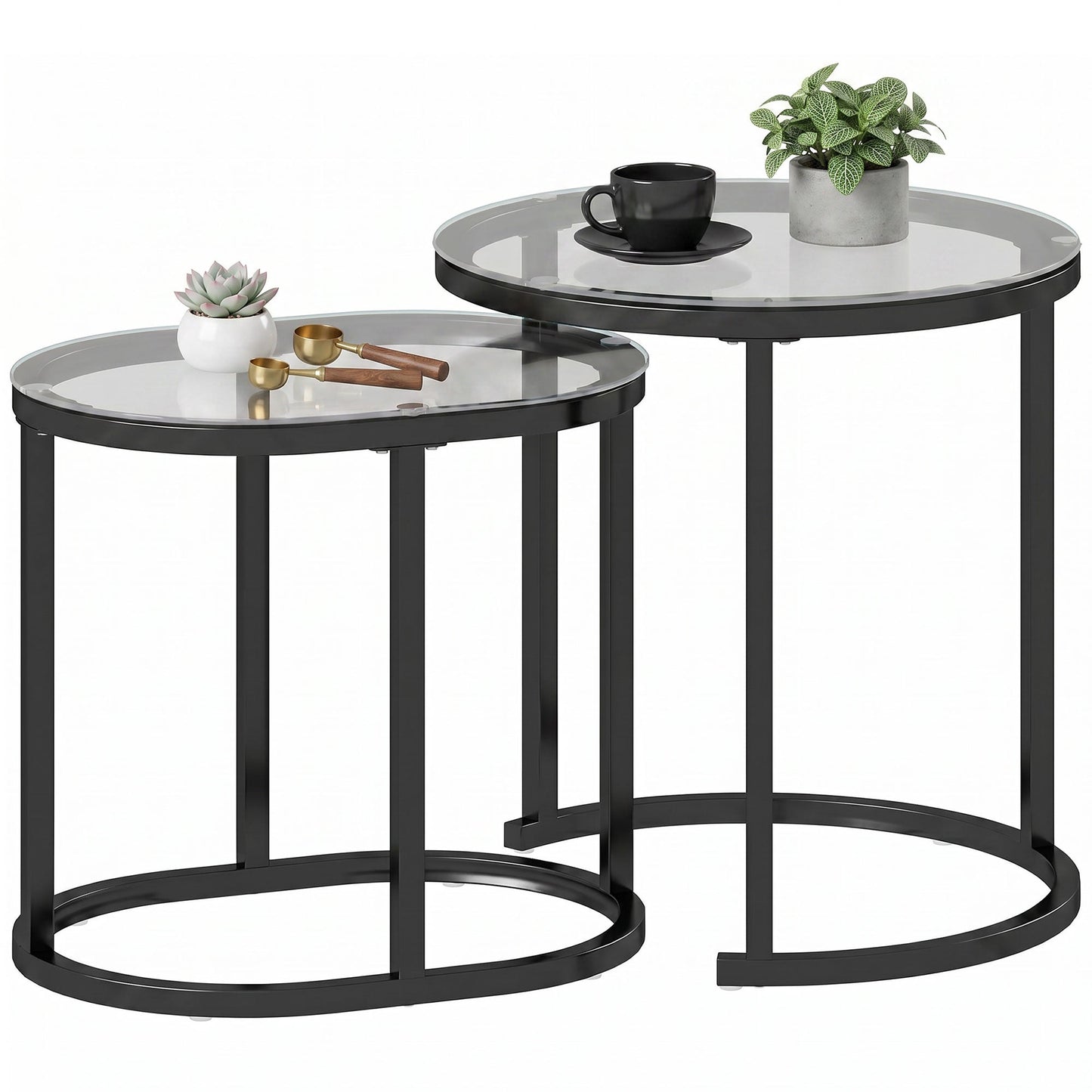 Modern Coffee Table Set of 2, Nest of Tables with Steel Frame and Tempered Glass Tabletop, Side Tables for Living Room Bedroom, Black
