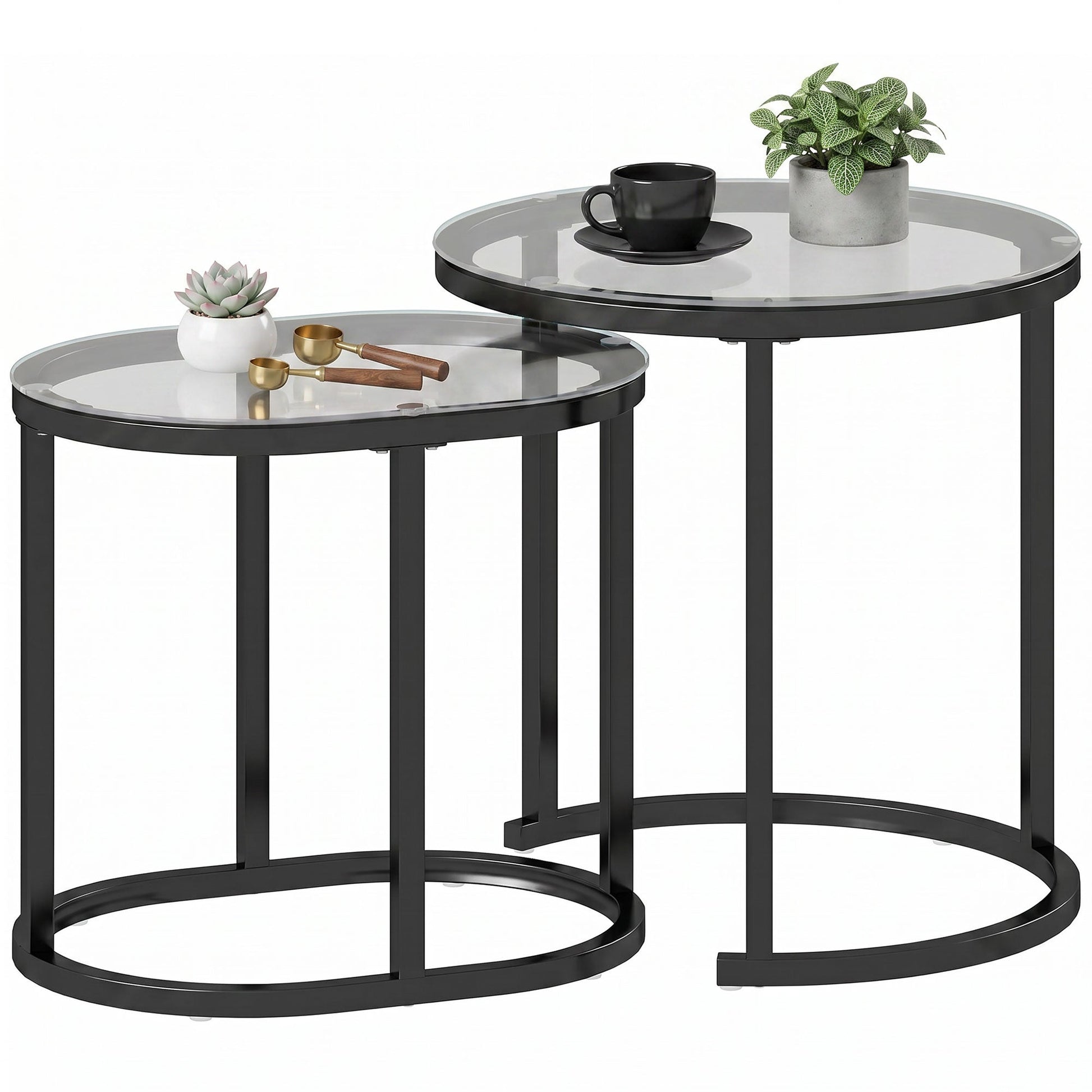Modern Coffee Table Set of 2, Nest of Tables with Steel Frame and Tempered Glass Tabletop, Side Tables for Living Room Bedroom, Black