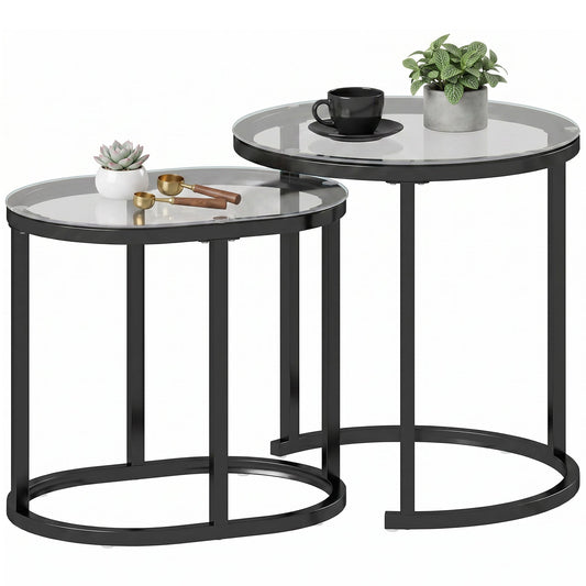 Modern Coffee Table Set of 2, Nest of Tables with Steel Frame and Tempered Glass Tabletop, Side Tables for Living Room Bedroom, Black