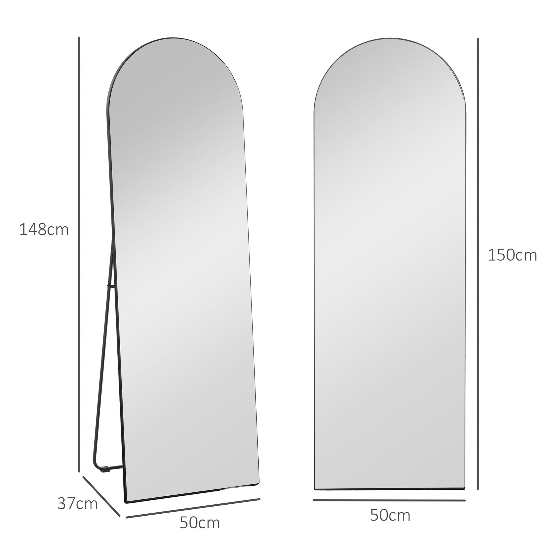 HOMCOM Arched Full Length Mirror, 50 x 150cm Wall Mounted, Leaning, Free Standing Mirror, Frameless Full Body Mirror for Living Room, Bedroom, Black