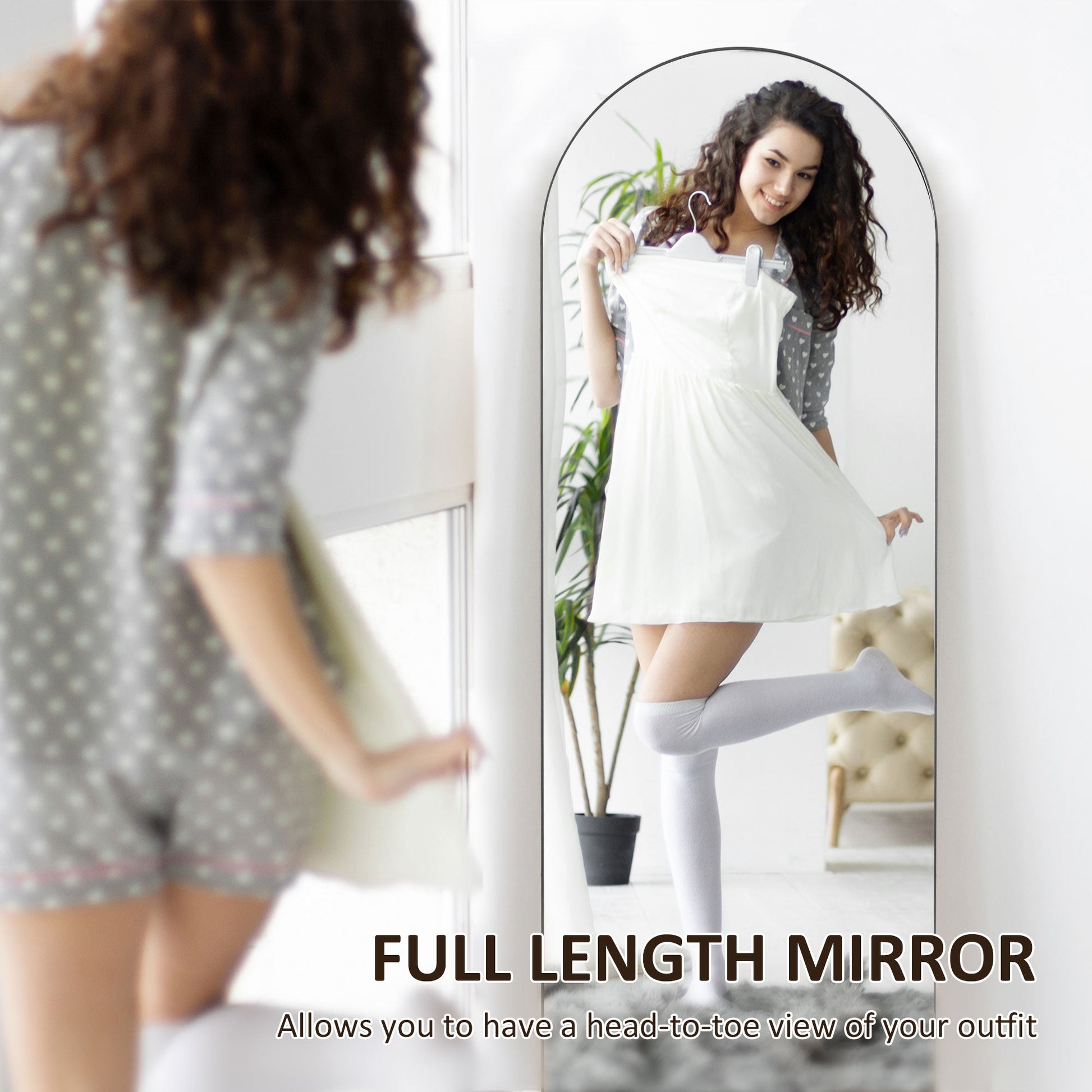 HOMCOM Arched Full Length Mirror, 50 x 150cm Wall Mounted, Leaning, Free Standing Mirror, Frameless Full Body Mirror for Living Room, Bedroom, Black