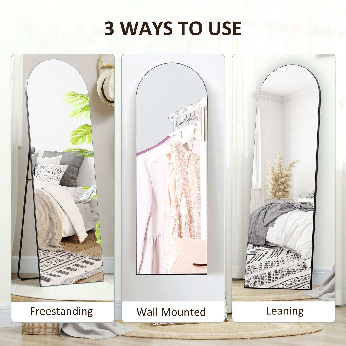 HOMCOM Arched Full Length Mirror, 50 x 150cm Wall Mounted, Leaning, Free Standing Mirror, Frameless Full Body Mirror for Living Room, Bedroom, Black