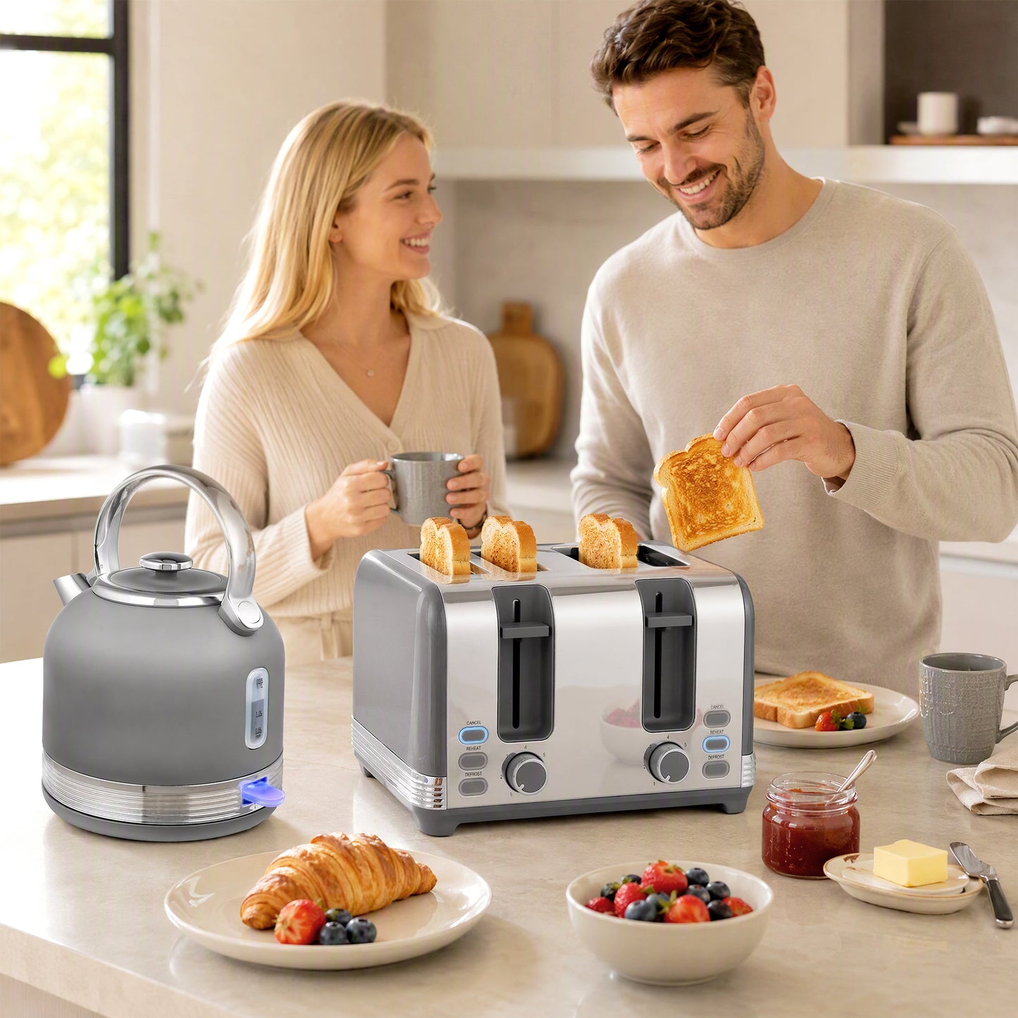 Stainless Steel Kettle and Toaster Set, 1.7L 3000W Cordless Fast Boil Kettle, 4 Slice Toaster Kitchen Set with 7 Level Browning Controls, Defrost, Reheat and Crumb Tray, Grey