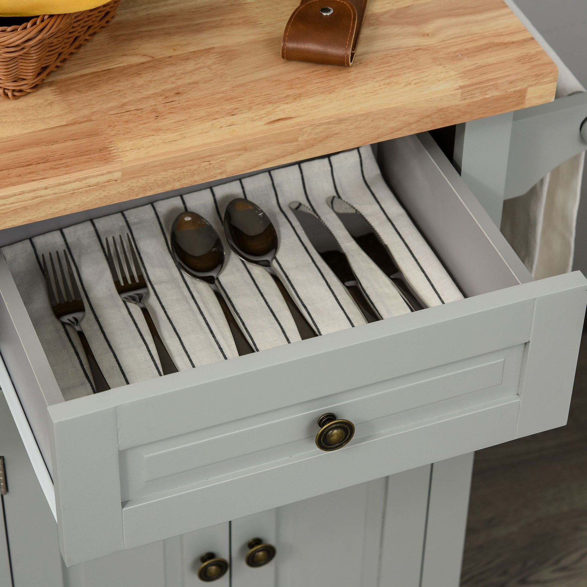 HOMCOM Rolling Kitchen Island Storage Trolley with Rubber Wood Top & Drawers for Dining Room, Grey