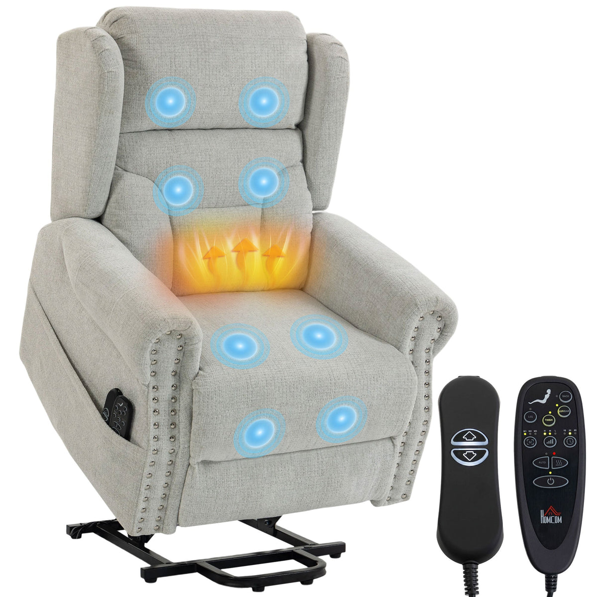 Riser Recliner Chair with Vibration Massage and Heat, Chenille Electric Power Lift Recliner Chair for Elderly with Spring Cushion, USB Port, Plush High Back, Remote, Side Pockets, Light Grey
