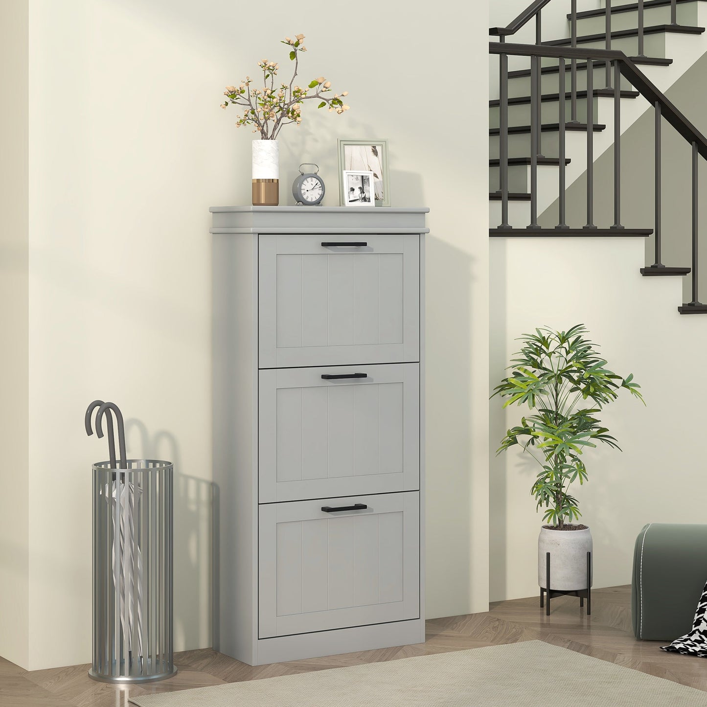 3 Drawers Entryway Shoe Cabinet, Narrow Shoe Storage Cabinet with 3 Flip Drawers and Adjustable Shelves for 15 Pairs of Shoes, Grey