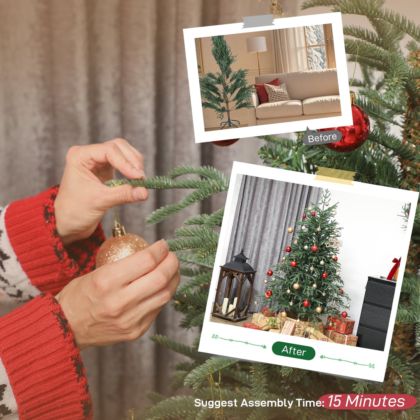 5 ft Artificial Christmas Tree with 1375 Realistic Dense Branches, Full Spruce, Hinged Xmas Tree with Metal Stand, Easy Assembly, Green