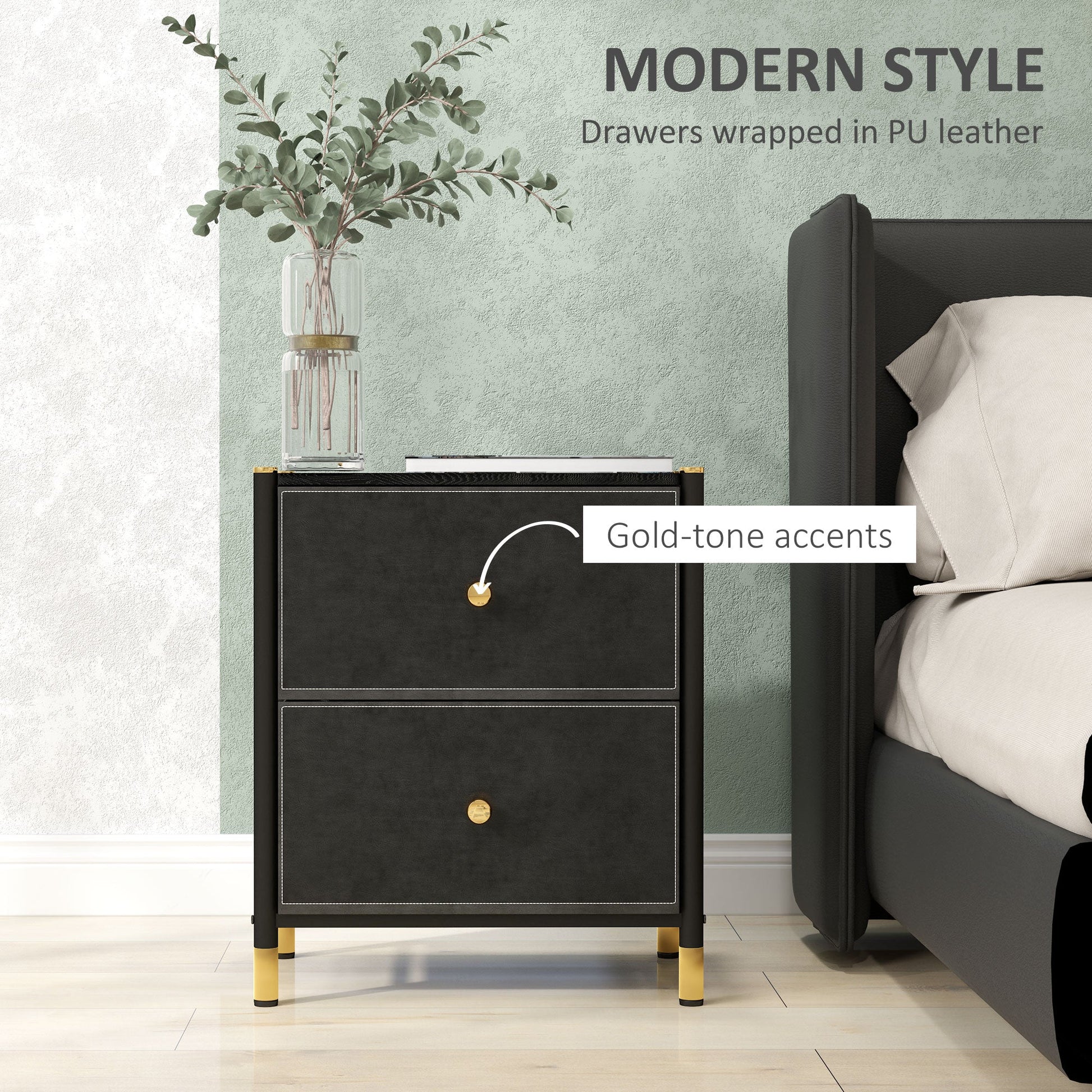 HOMCOM Chest of Drawers, 2 Drawer Fabric Dresser with PU Leather Surface, Steel Frame, Storage Organizer Unit for Bedroom, Living Room, Hallway, Closet, Easy to Assemble, Black