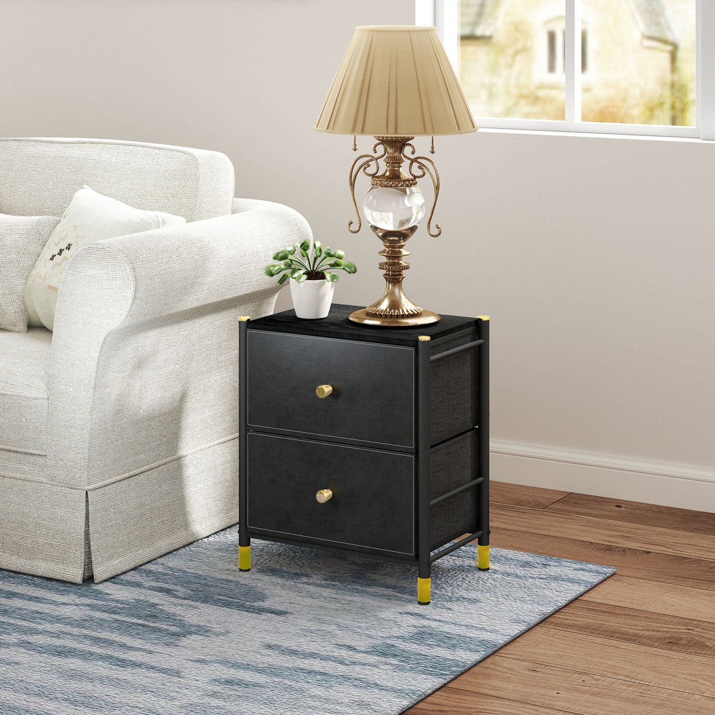 HOMCOM Chest of Drawers, 2 Drawer Fabric Dresser with PU Leather Surface, Steel Frame, Storage Organizer Unit for Bedroom, Living Room, Hallway, Closet, Easy to Assemble, Black