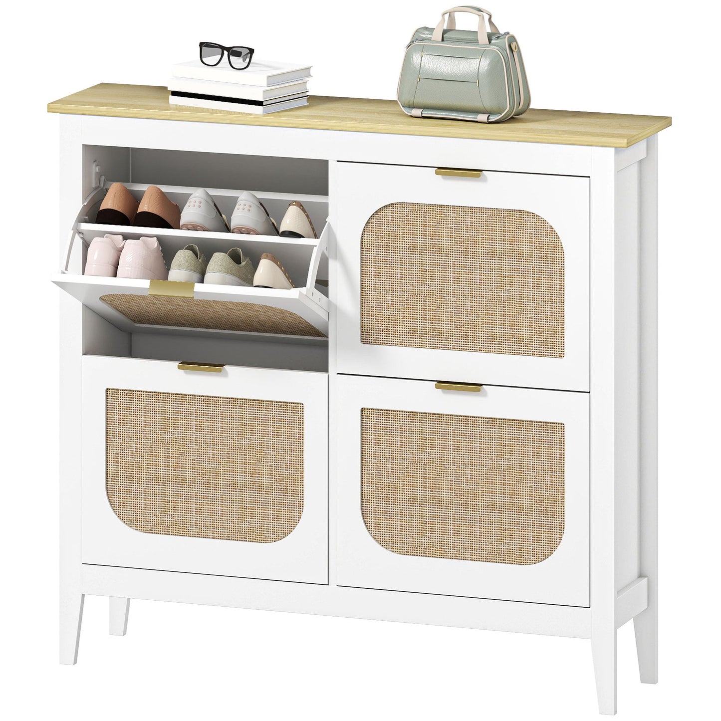 Shoe Storage Cabinet with 4 Flip Drawers, Boho Slim Shoe Cabinet with Rattan Doors for Entryway, Hallway, Holds 20 Pairs, White