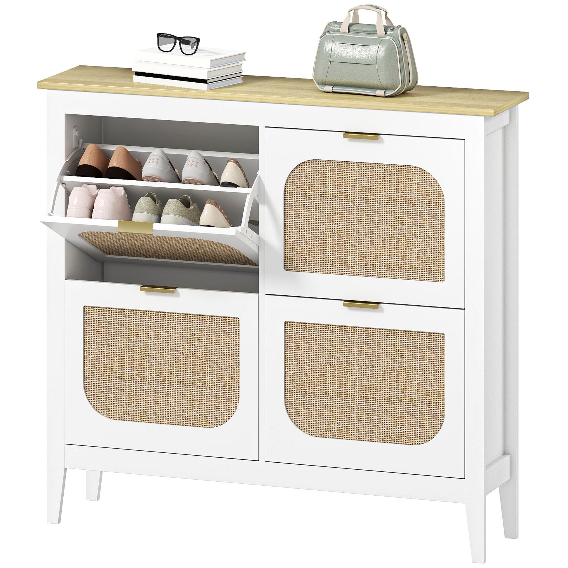 Shoe Storage Cabinet with 4 Flip Drawers, Boho Slim Shoe Cabinet with Rattan Doors for Entryway, Hallway, Holds 20 Pairs, White