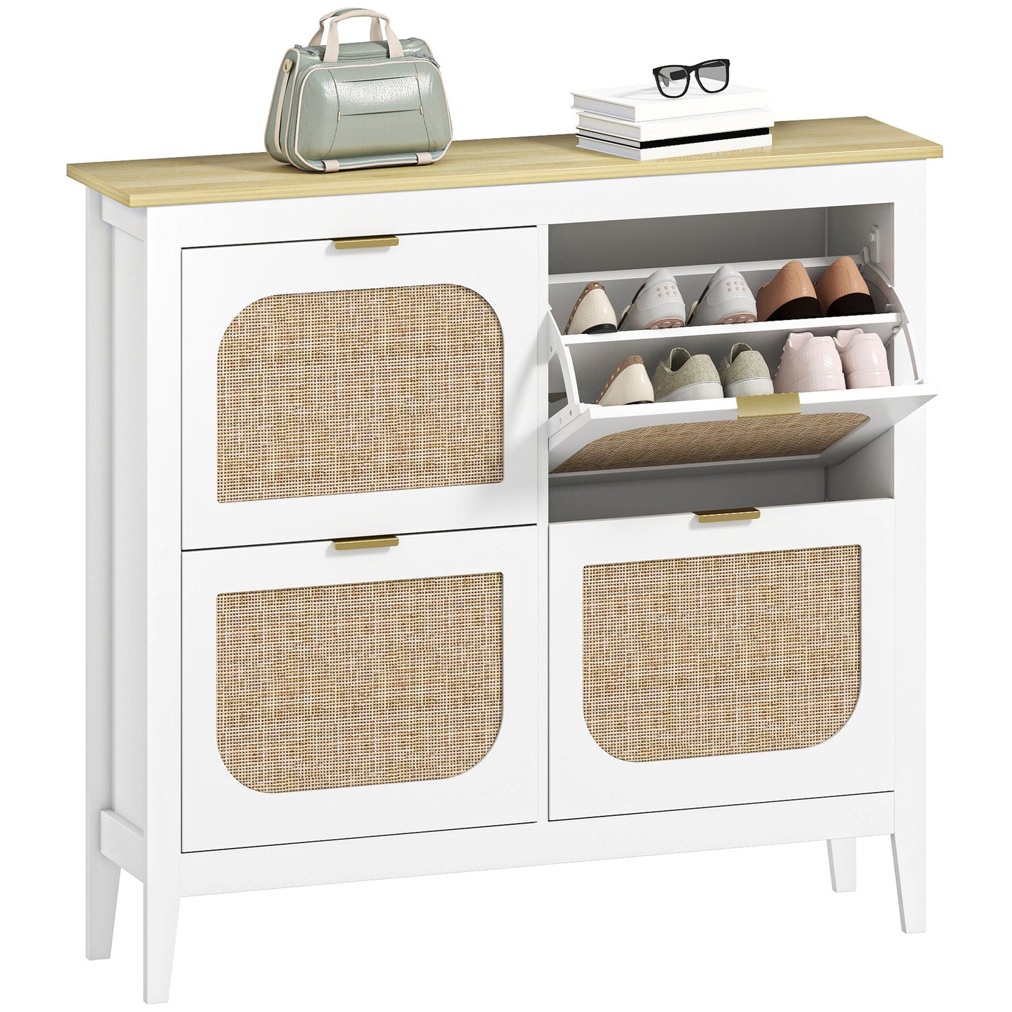 Shoe Storage Cabinet with 4 Flip Drawers, Boho Slim Shoe Cabinet with Rattan Doors for Entryway, Hallway, Holds 20 Pairs, White