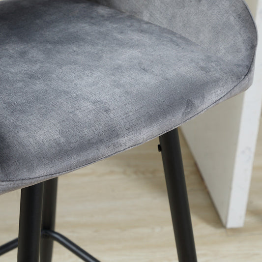HOMCOM Bar Stools Set of 2, Velvet-Touch Fabric Counter Height Bar Chairs, Kitchen Stools with Steel Legs for Dining Area, Kitchen Island Barstools, Grey