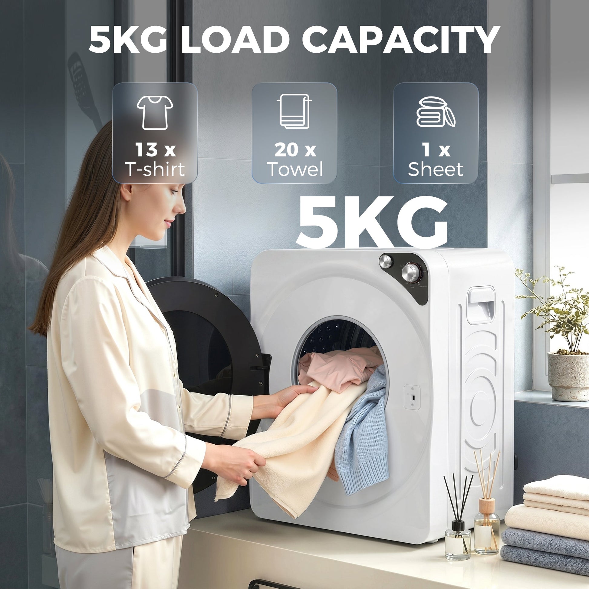 5kg Vented Tumble Dryer, 1000W Compact Tumble Dryer with 5 Drying Modes, Stainless Steel Tub, Freestanding Stackable Clothes Drying Machine, White
